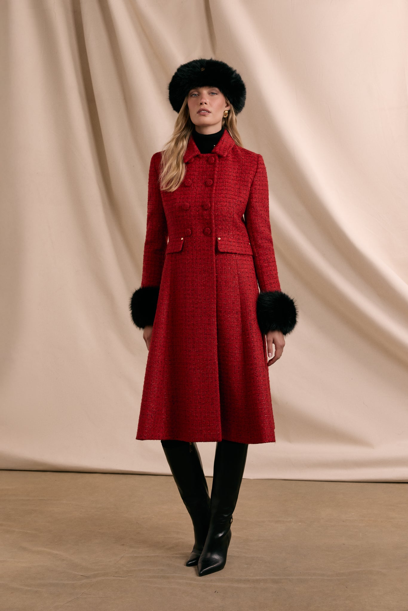 Windsor Fit & Flare Coat (Red Boucle)