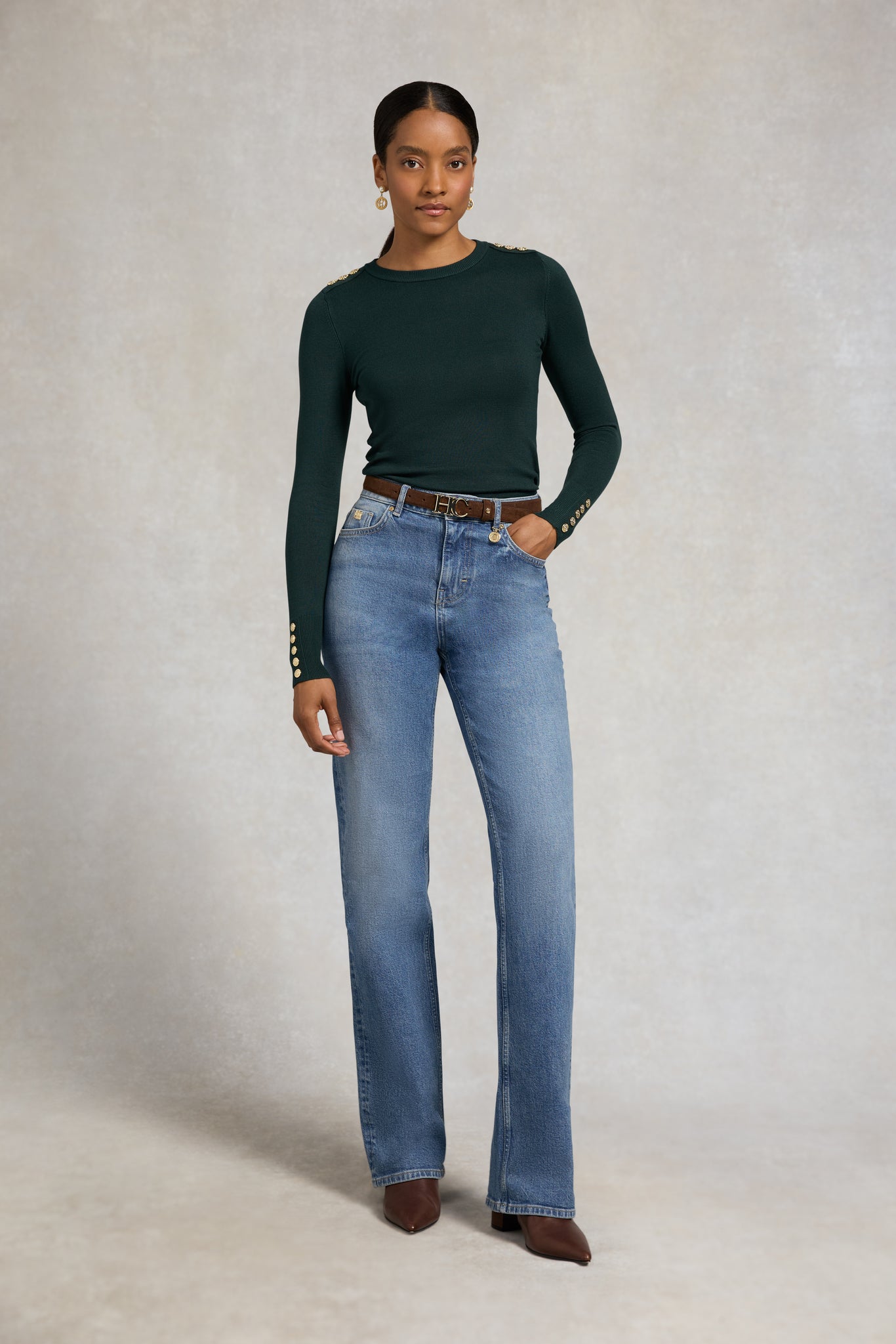 Buttoned Knit Crew Neck (Deep Emerald)