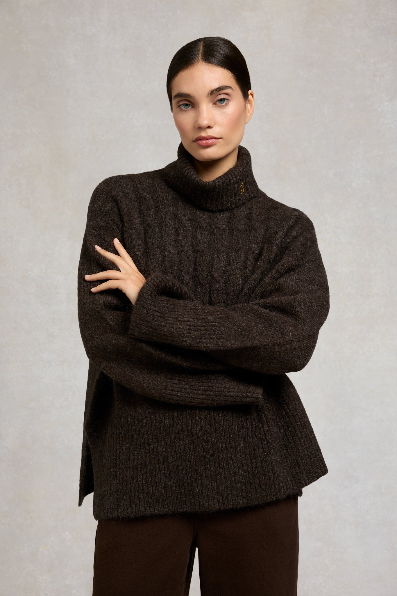 Antonia Cable Roll Neck Knit (Chocolate)