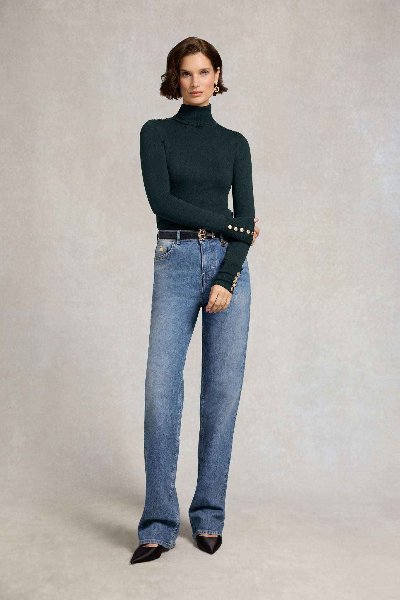 Buttoned Knit Roll Neck (Deep Emerald)