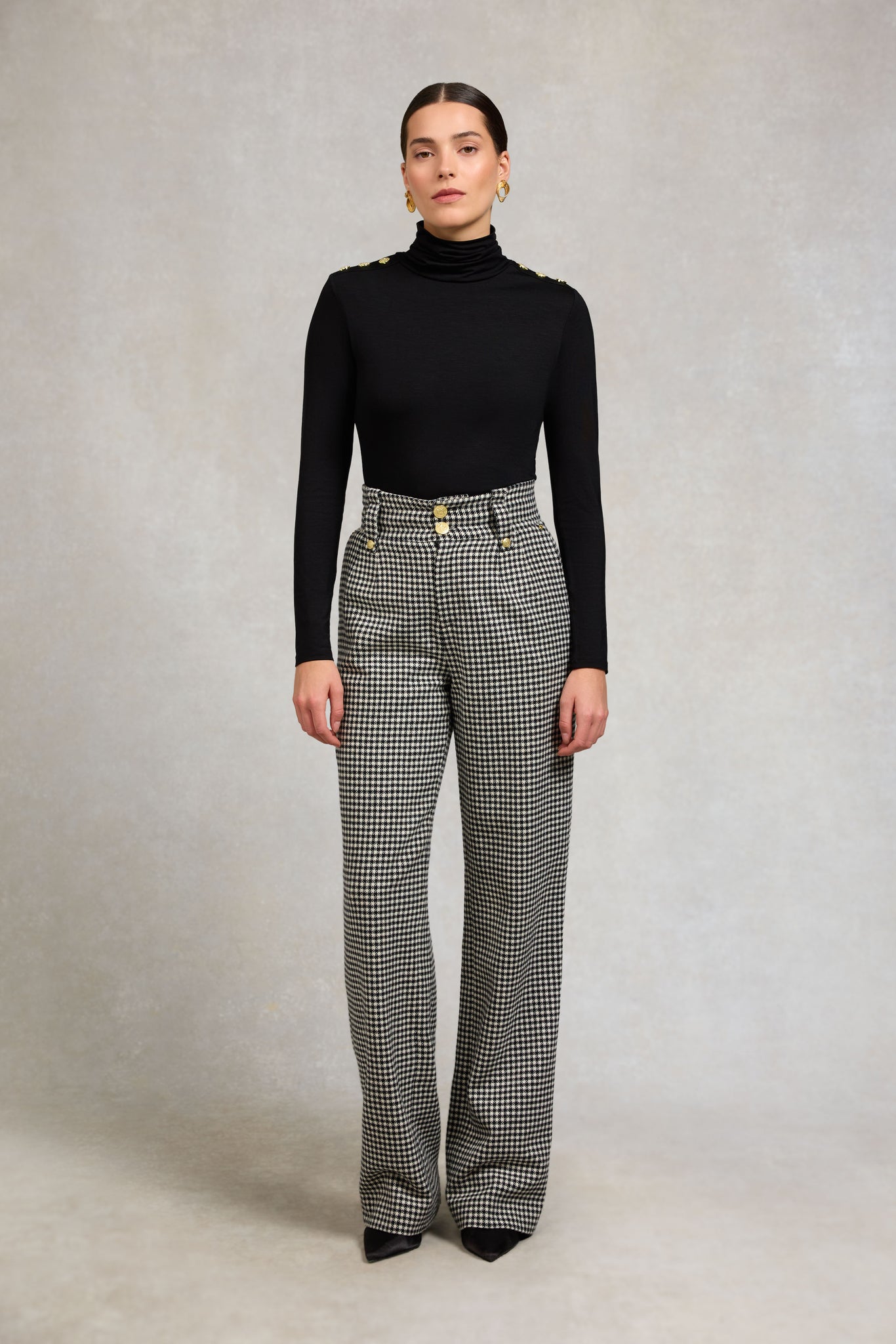 High Waisted Straight Trouser (Black & White Puppy Tooth)
