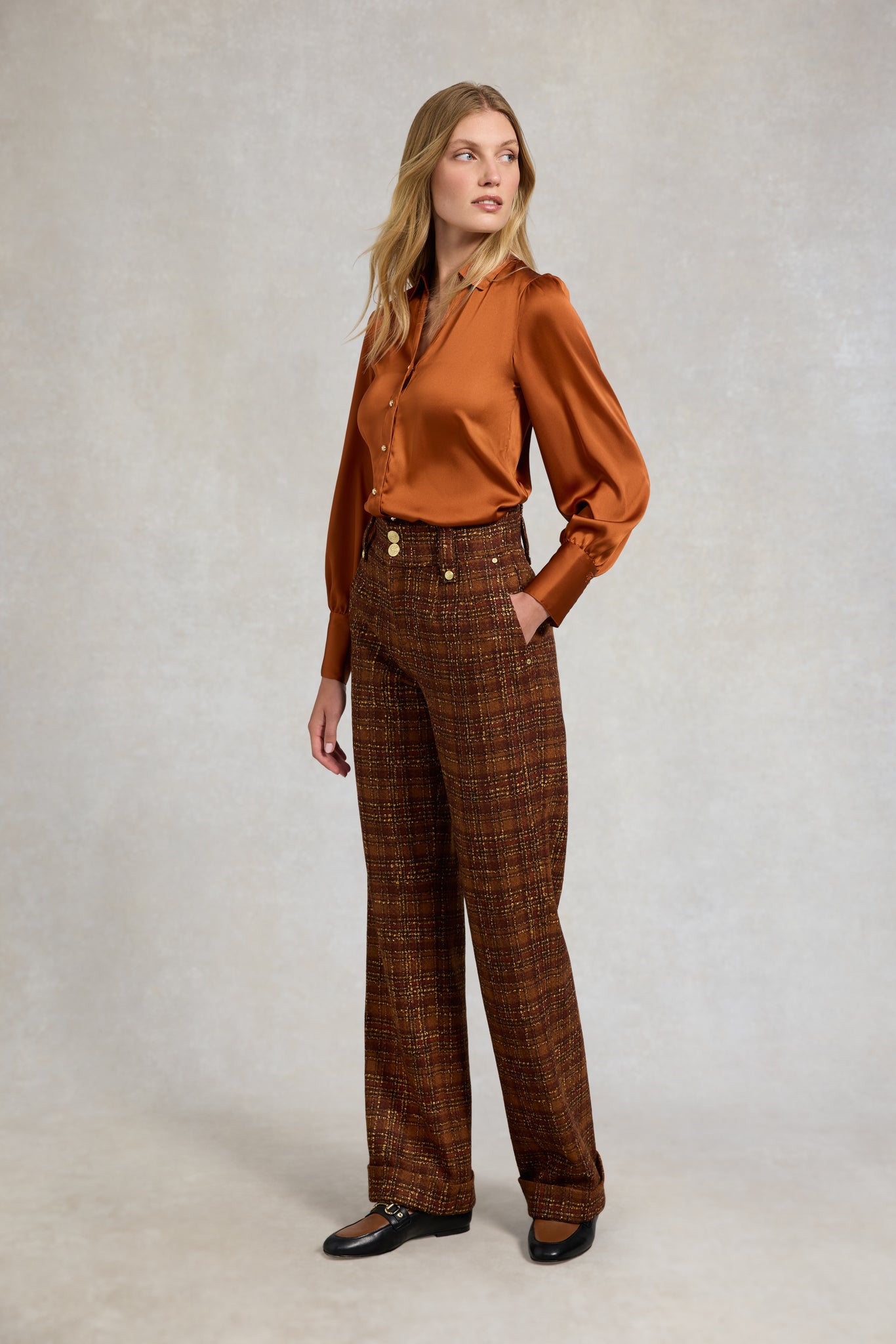 High Waisted Wide Leg Trouser (Amber Tweed)