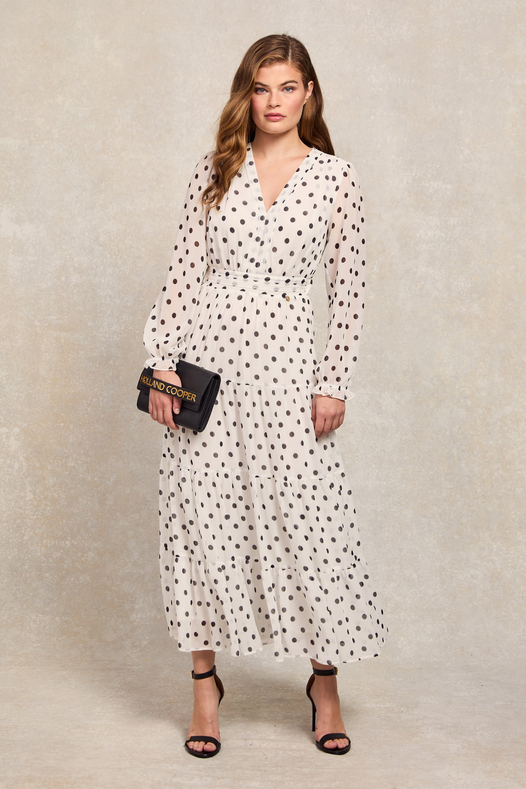 Bella Tiered Maxi Dress (White Black Polka Dot) – Holland Cooper