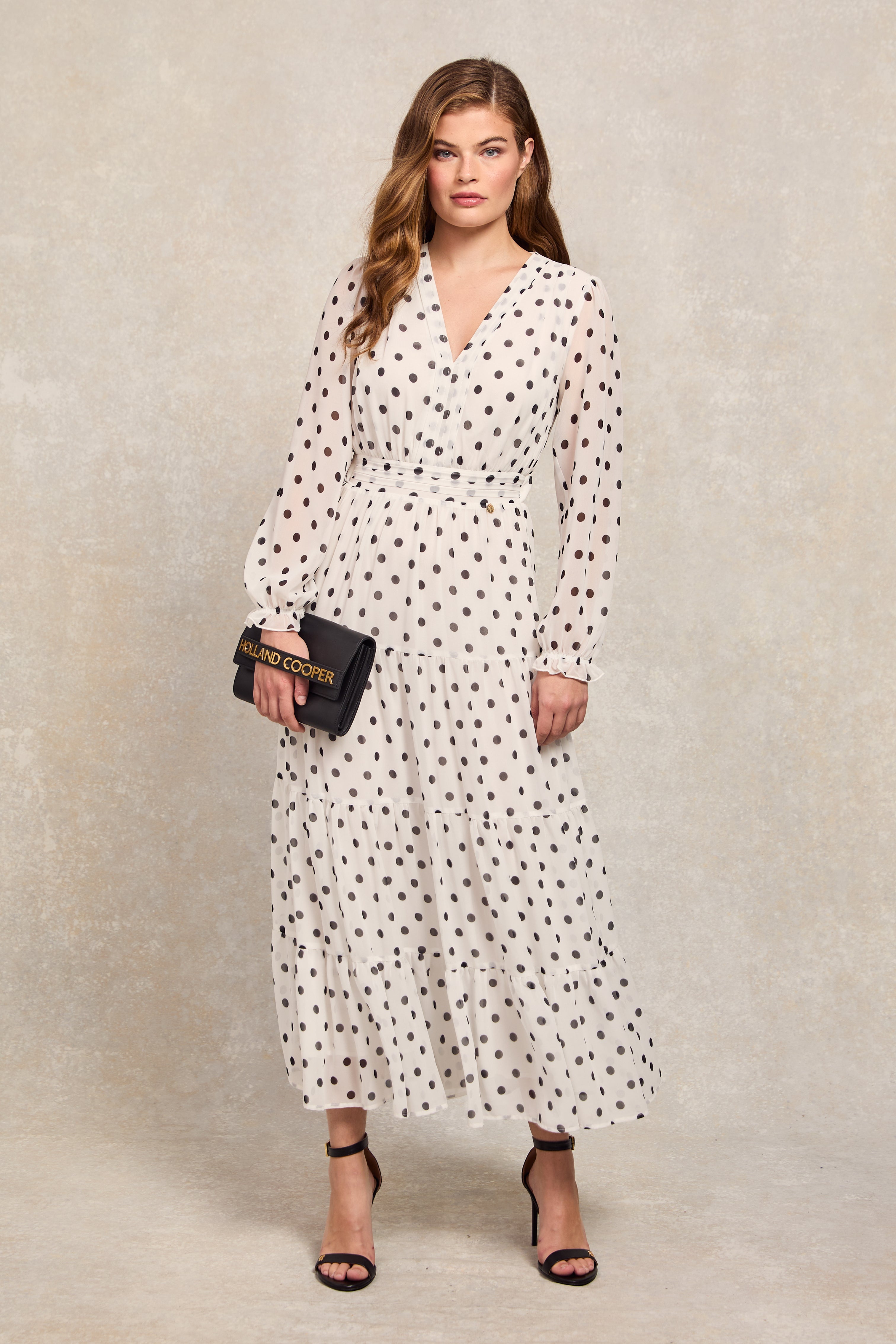 Bella Tiered Maxi Dress (White Black Polka Dot) – Holland Cooper