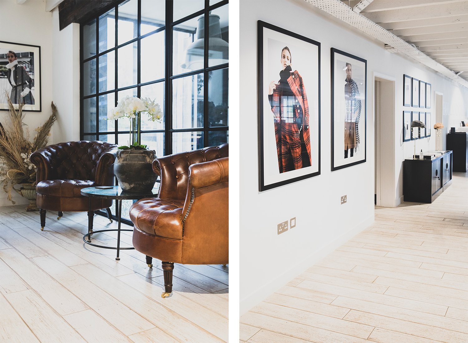 Two images alongside eachother of the Holland Cooper office with two brown leather chairs with orchid on glass table between and hallway with bold HC imagery from previous shoots 