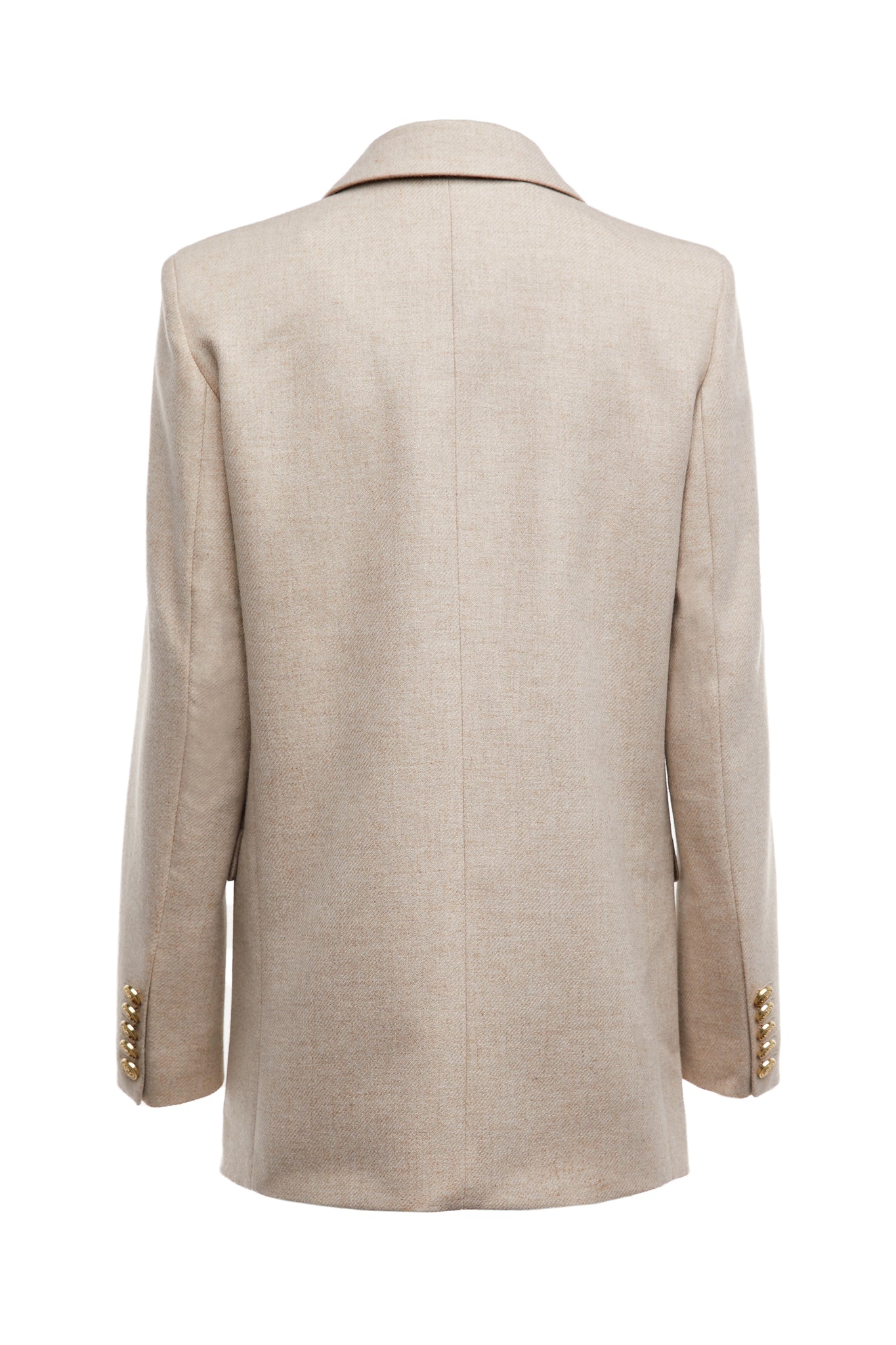 back of longline double breasted wool blazer in oatmeal tailor made in britain with relaxed fit welt pockets and gold buttons on the front and cuffs