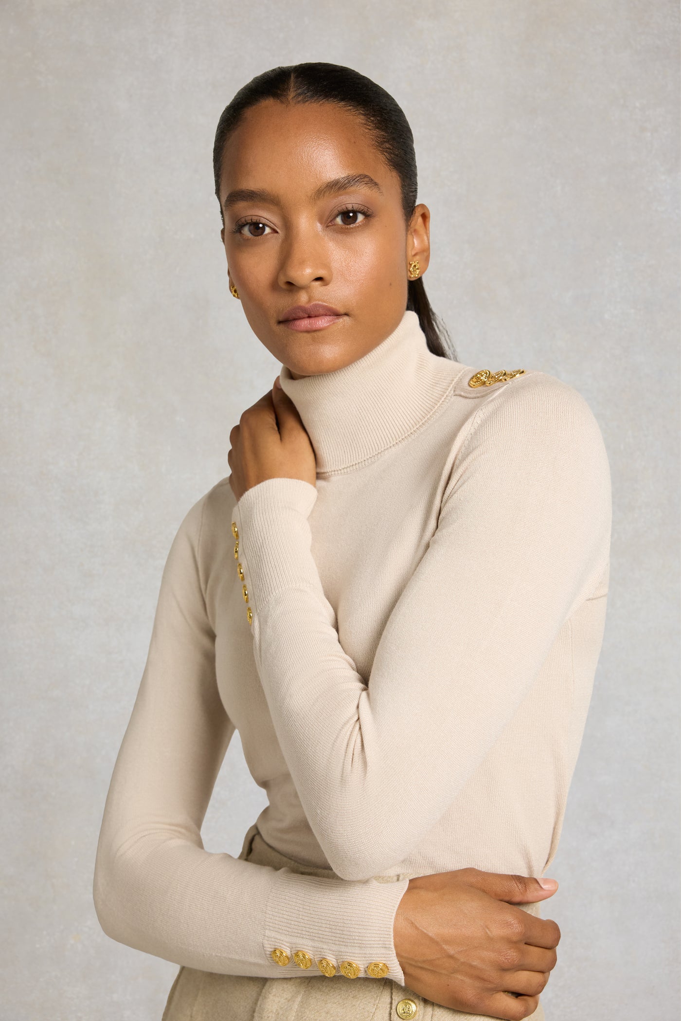 Buttoned Knit Roll Neck (Stone)