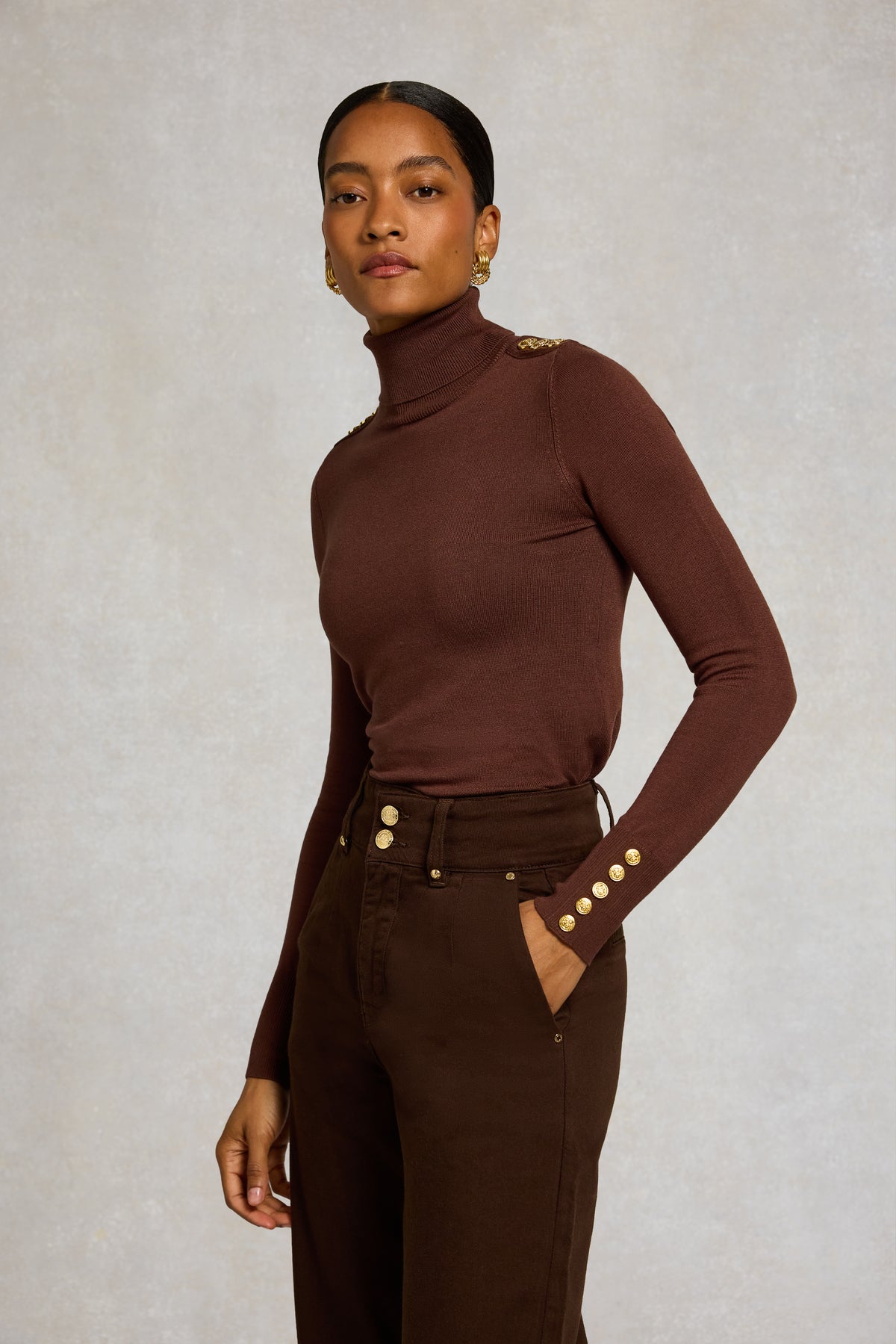 Buttoned Knit Roll Neck (Walnut)