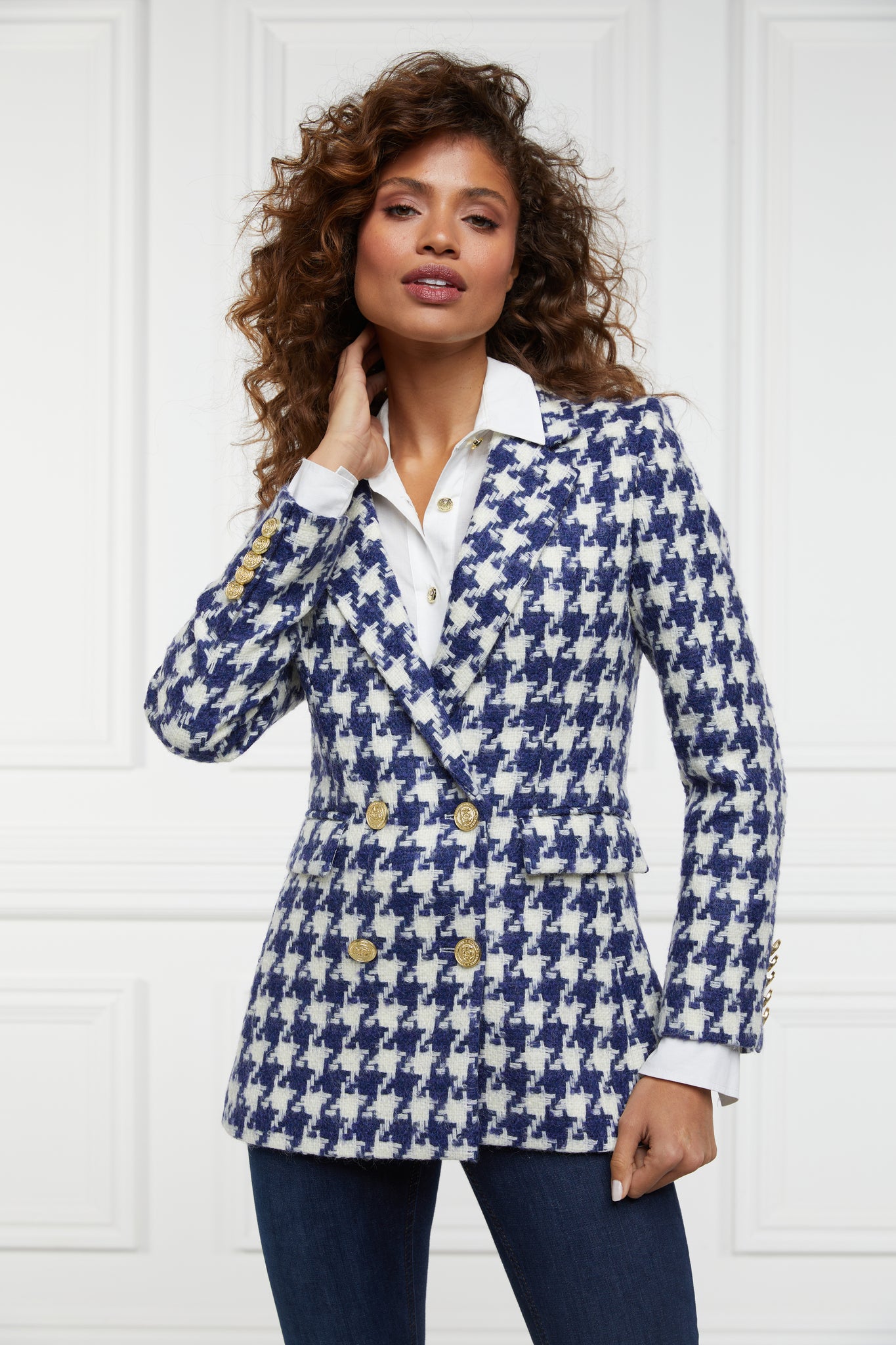 Double Breasted Blazer (Large Scale Navy Houndstooth)