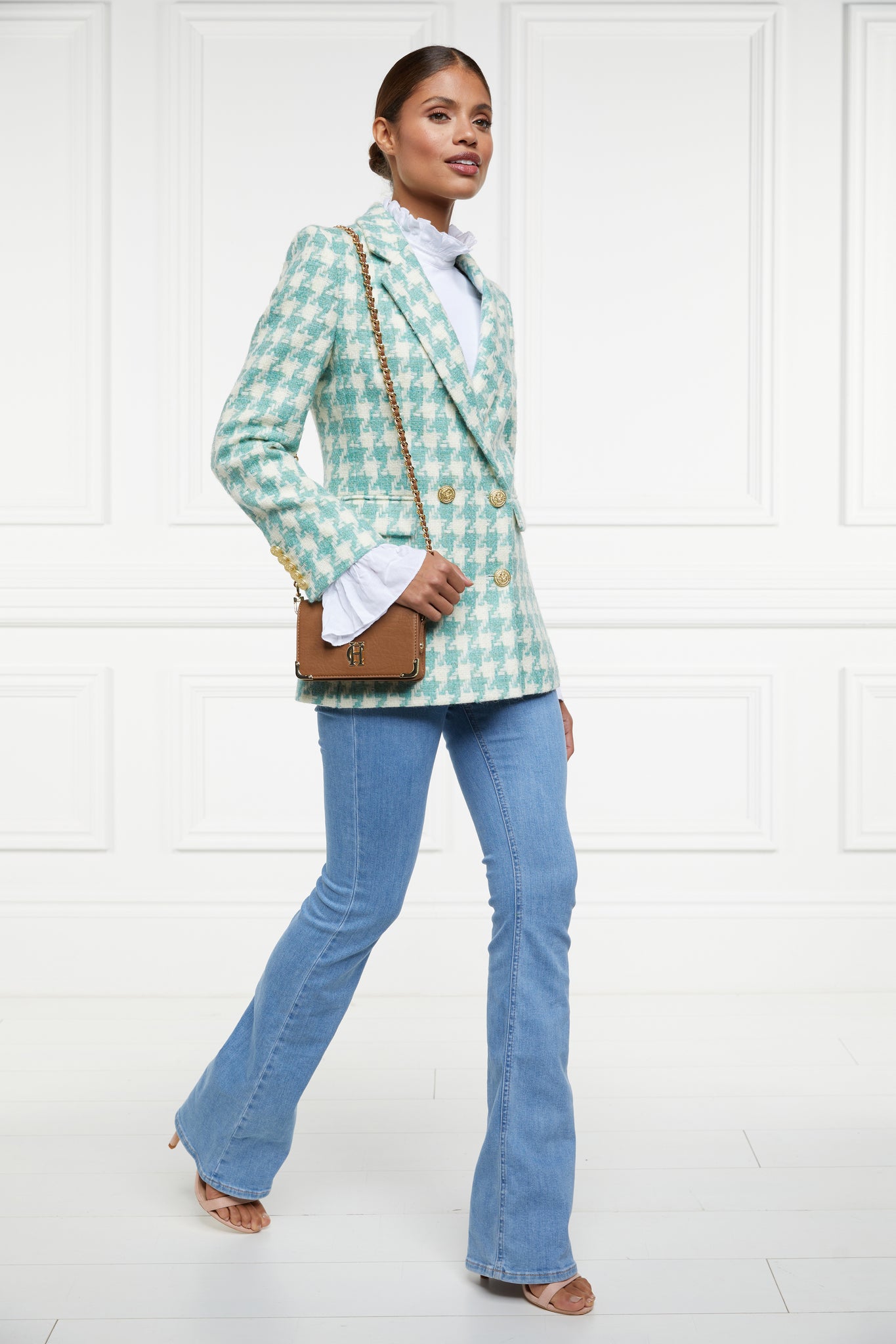 Double Breasted Blazer (Large Scale Teal Houndstooth)