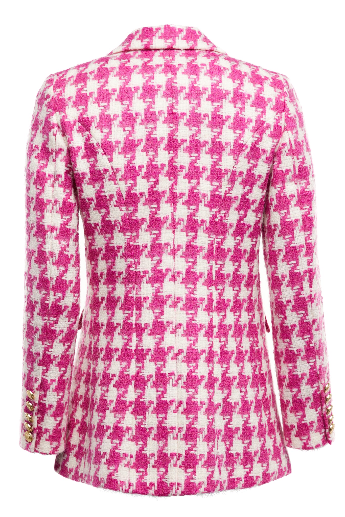  back of double breasted wool blazer in hot pink large scale houndstooth with two hip pockets and gold button detials down front and on cuffs and handmade in the uk