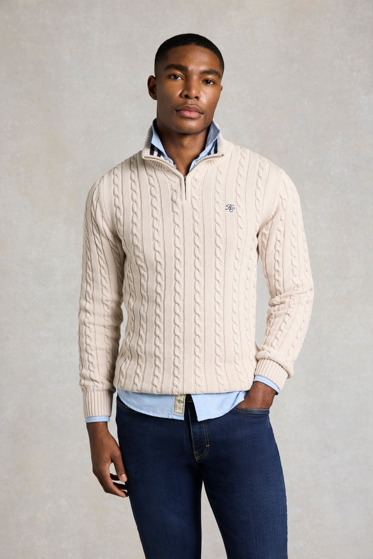 Men's Cable Quarter Zip Knit (Stone)