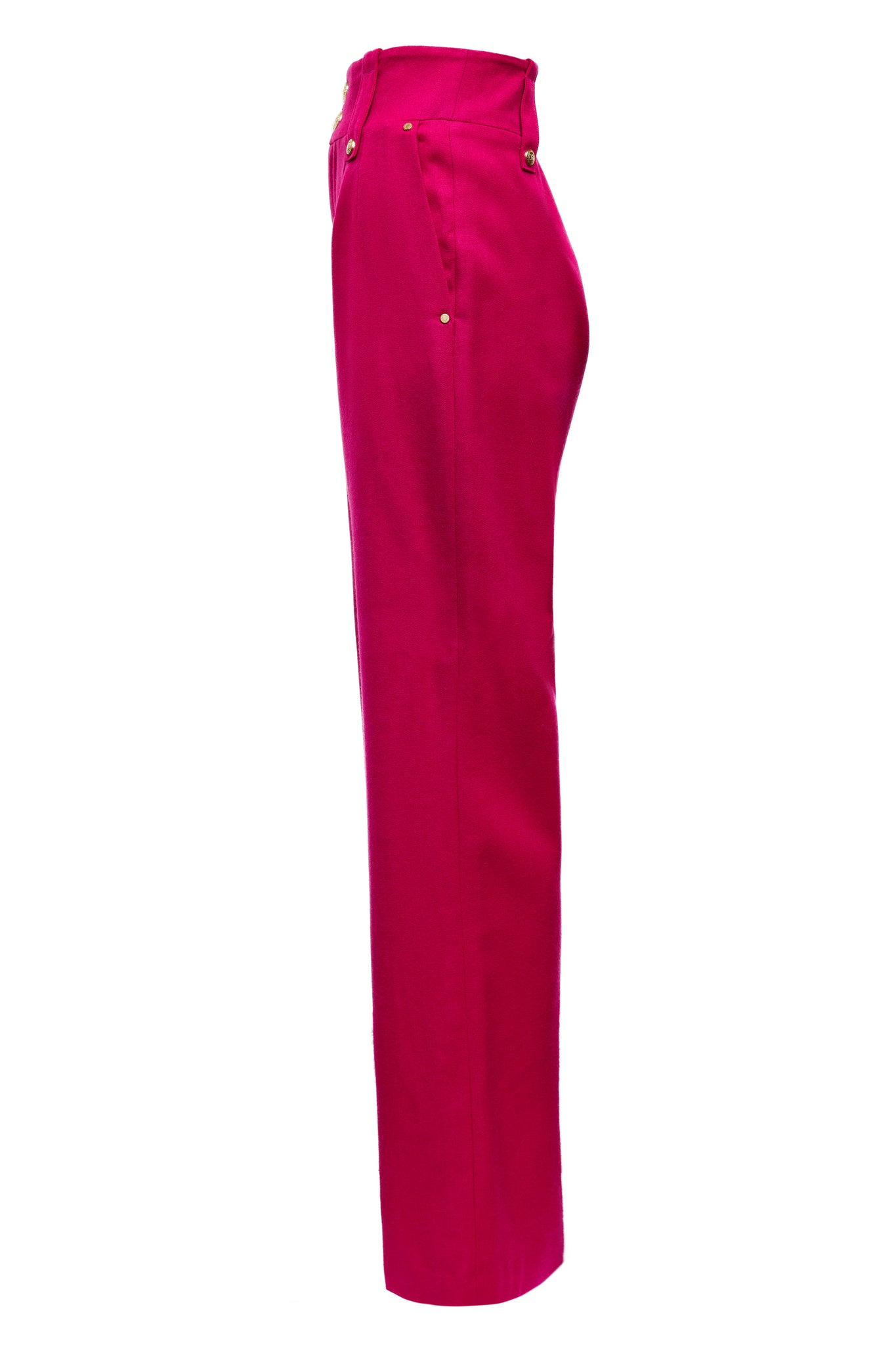 side of back of Women's hot pink wool high waisted straight trousers