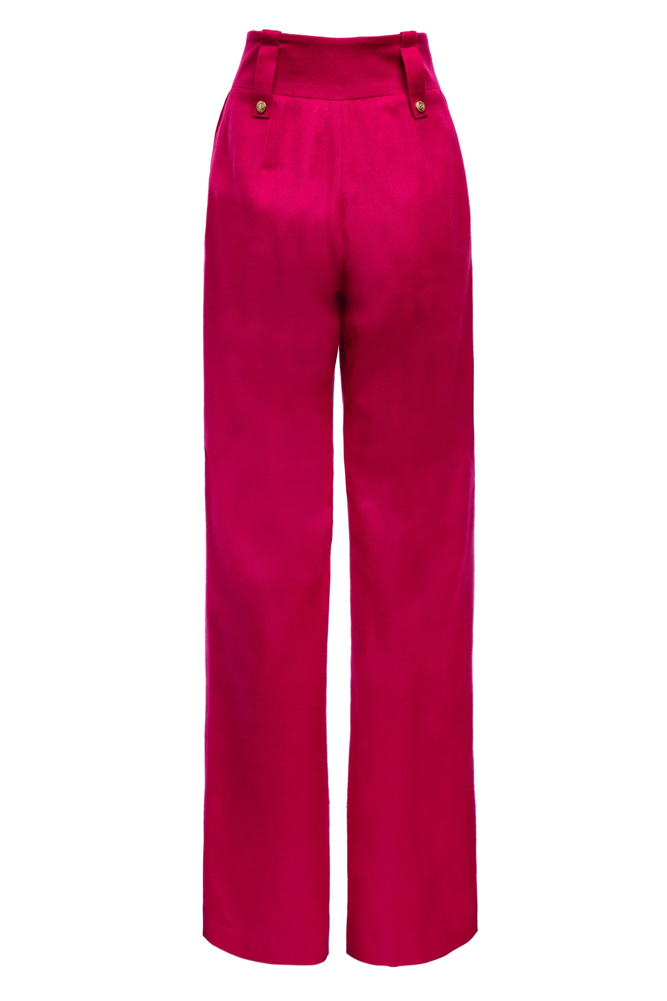 back of Women's hot pink wool high waisted straight trousers 