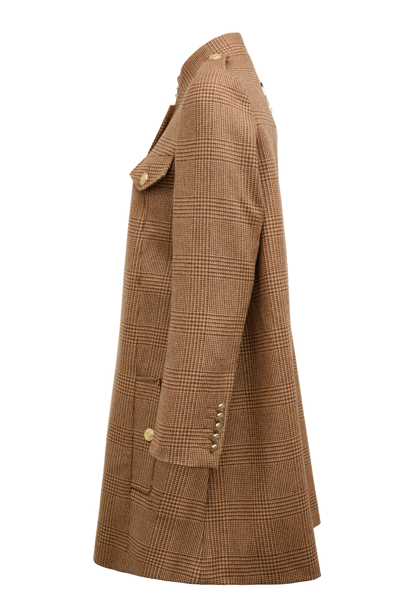 side of Womens light brown prince of wales front buttoned tweed cape coat