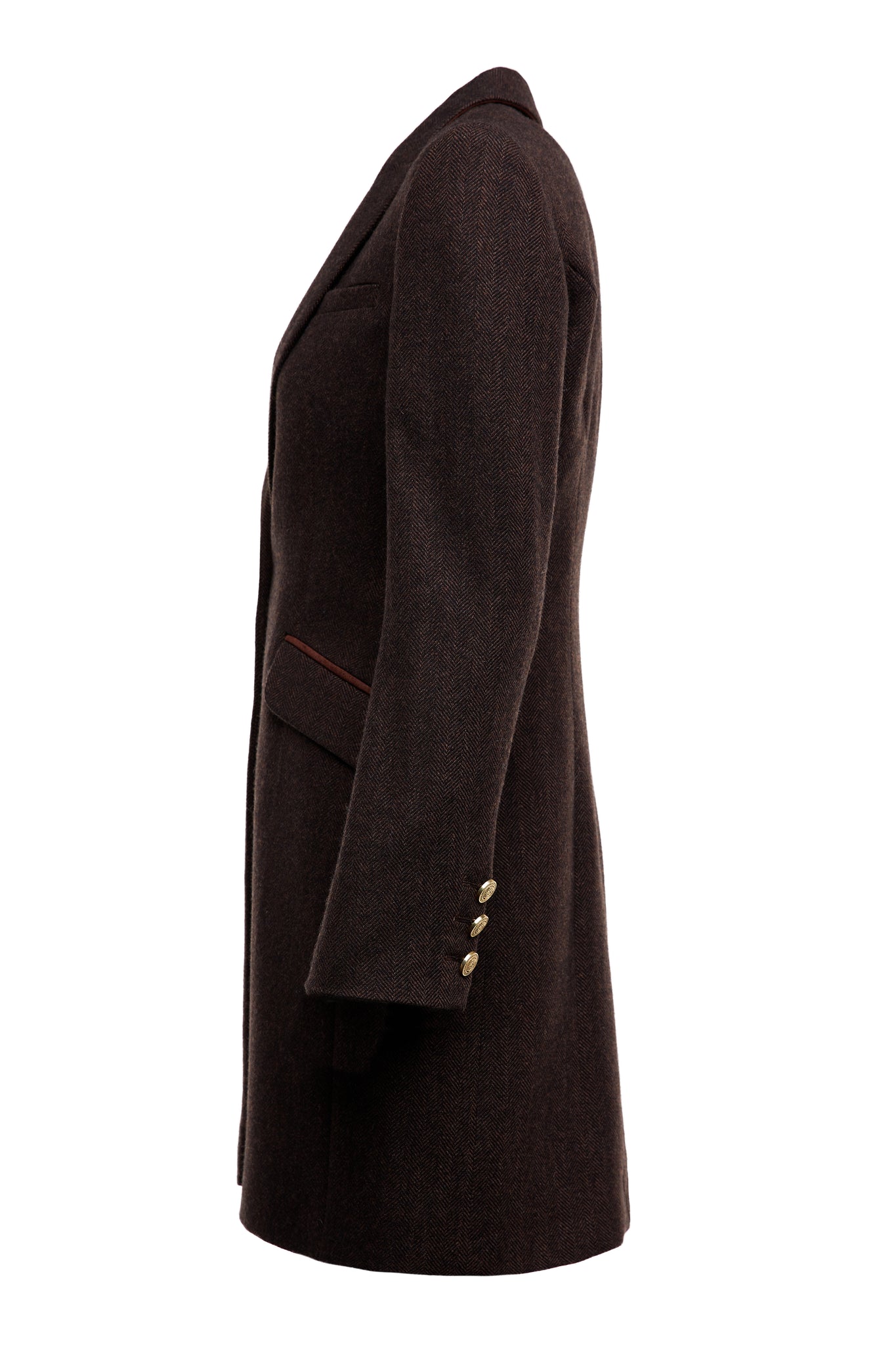 side of womens dark brown herringbone tweed mid-length single breasted coat detailed with gold hardware