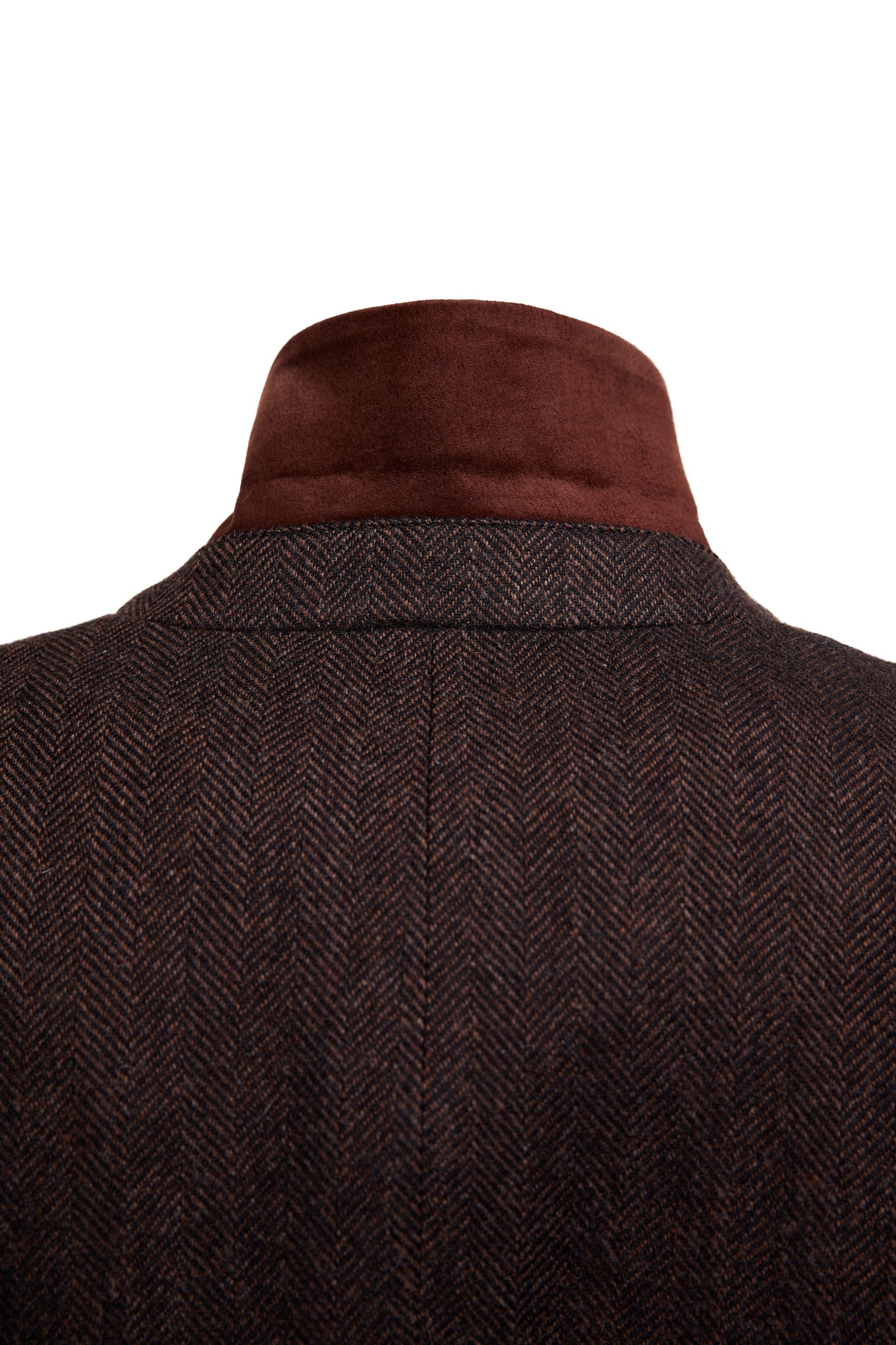 collar detail with brown suede on womens dark brown herringbone tweed mid-length single breasted coat detailed with gold hardware