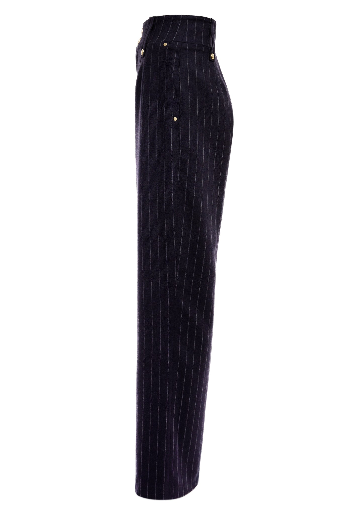Side of Women's navy chalk pin stripe wool high waisted straight trousers