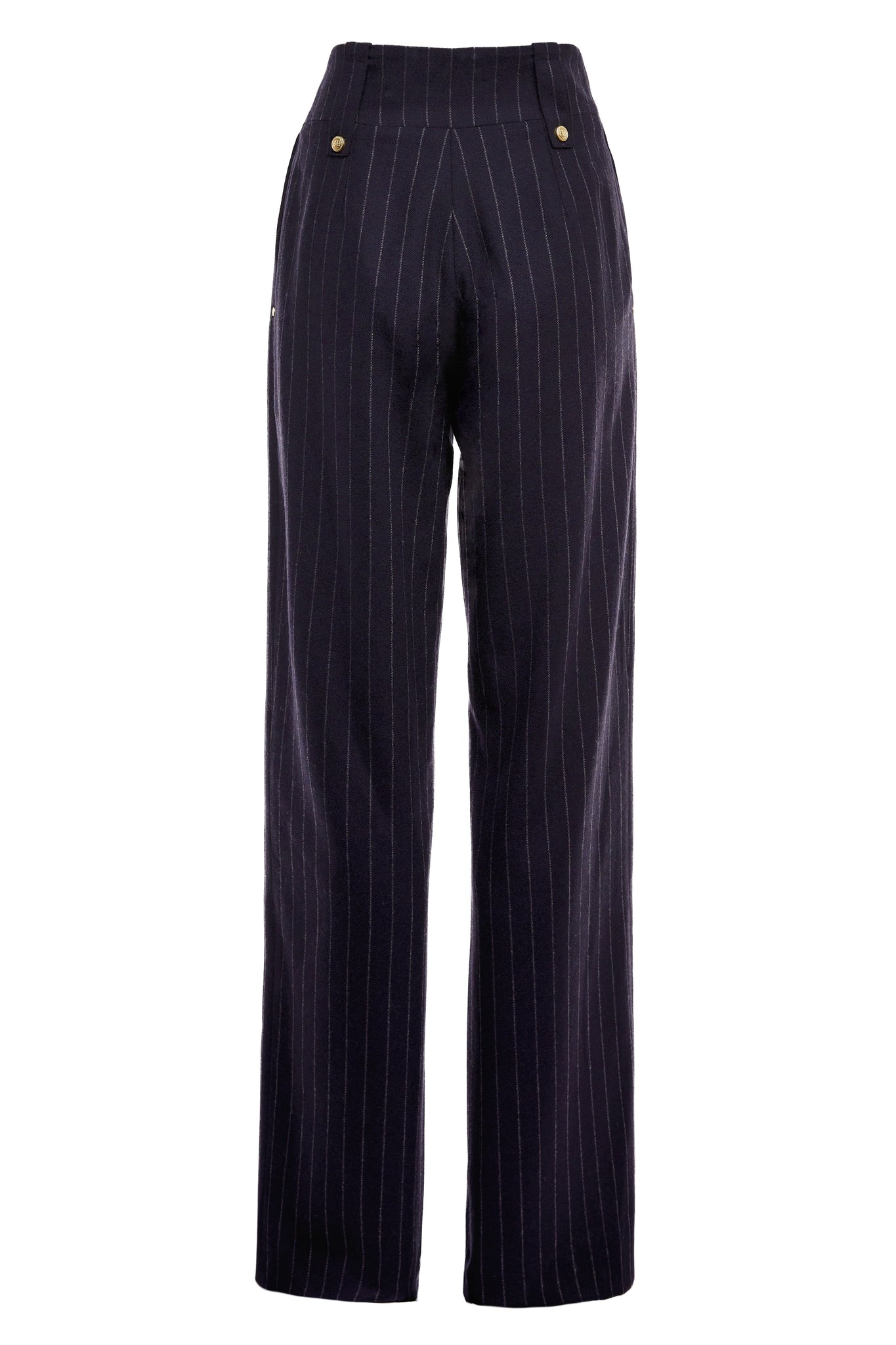 Back of Women's navy chalk pin stripe wool high waisted straight trousers 