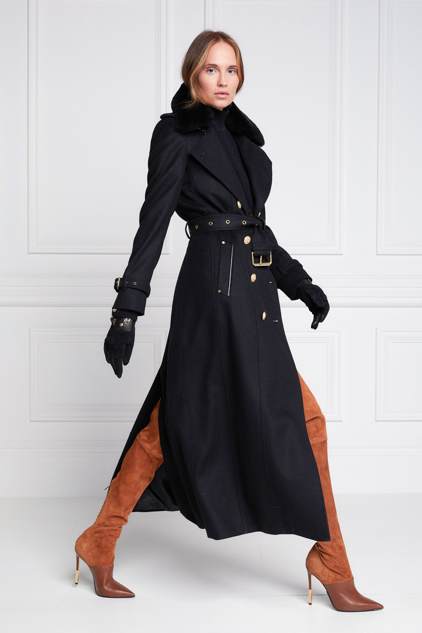 womens black wool double breasted full length trench coat with black faux fur collar