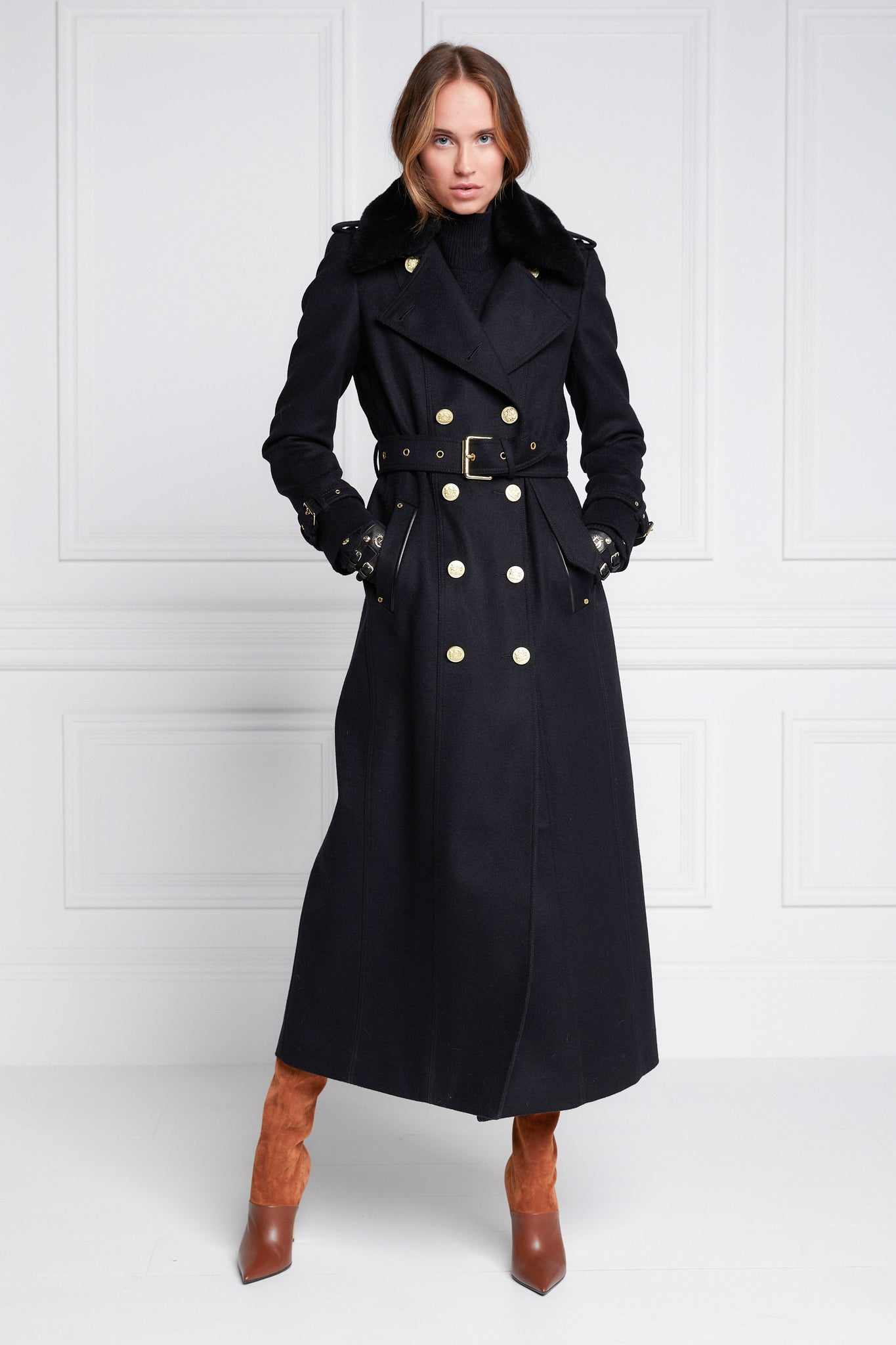 womens black wool double breasted full length trench coat with black faux fur collar
