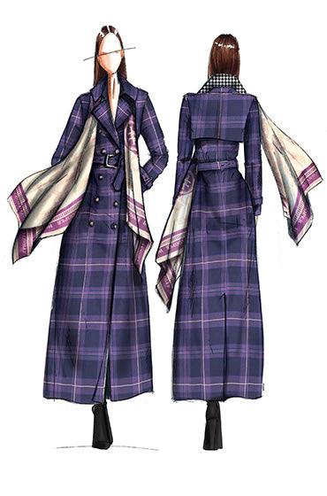 Illustration of model wearing purple tartan trench coat with flowing silk scarf