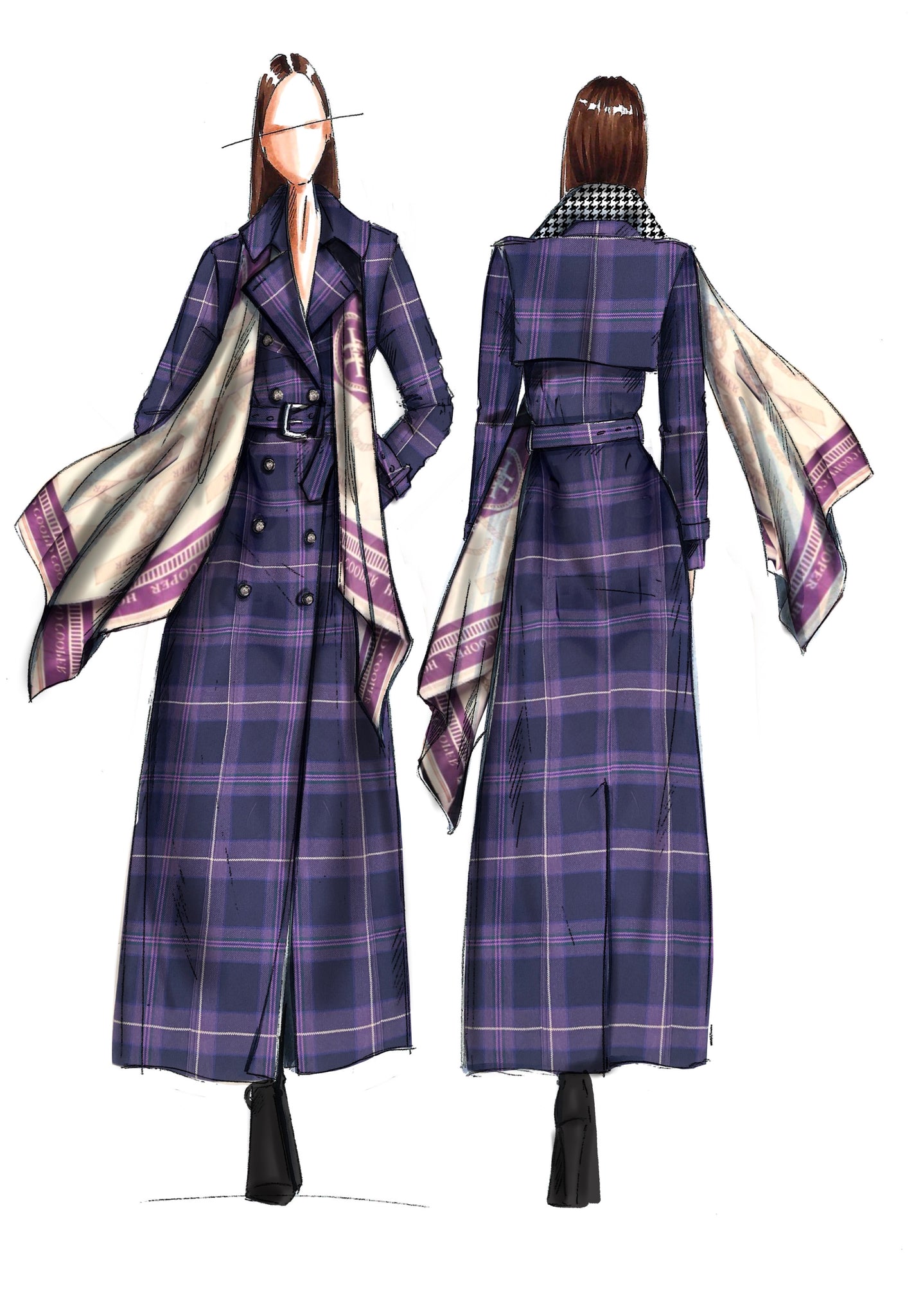 Illustration of model wearing purple tartan trench coat with flowing silk scarf