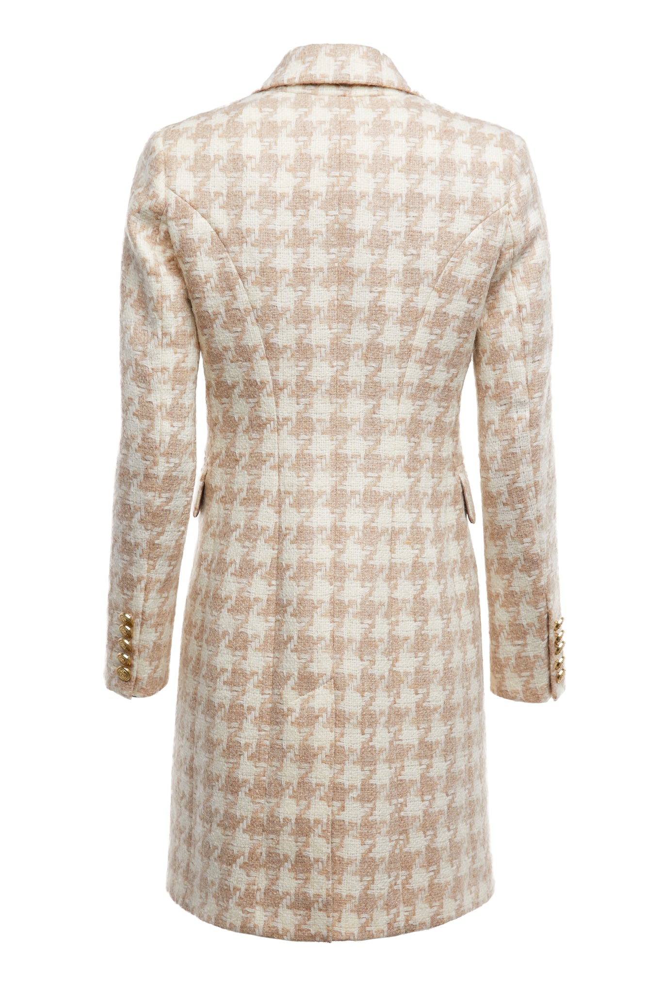 back of camel and cream houndstooth wool womens coat with gold hardware