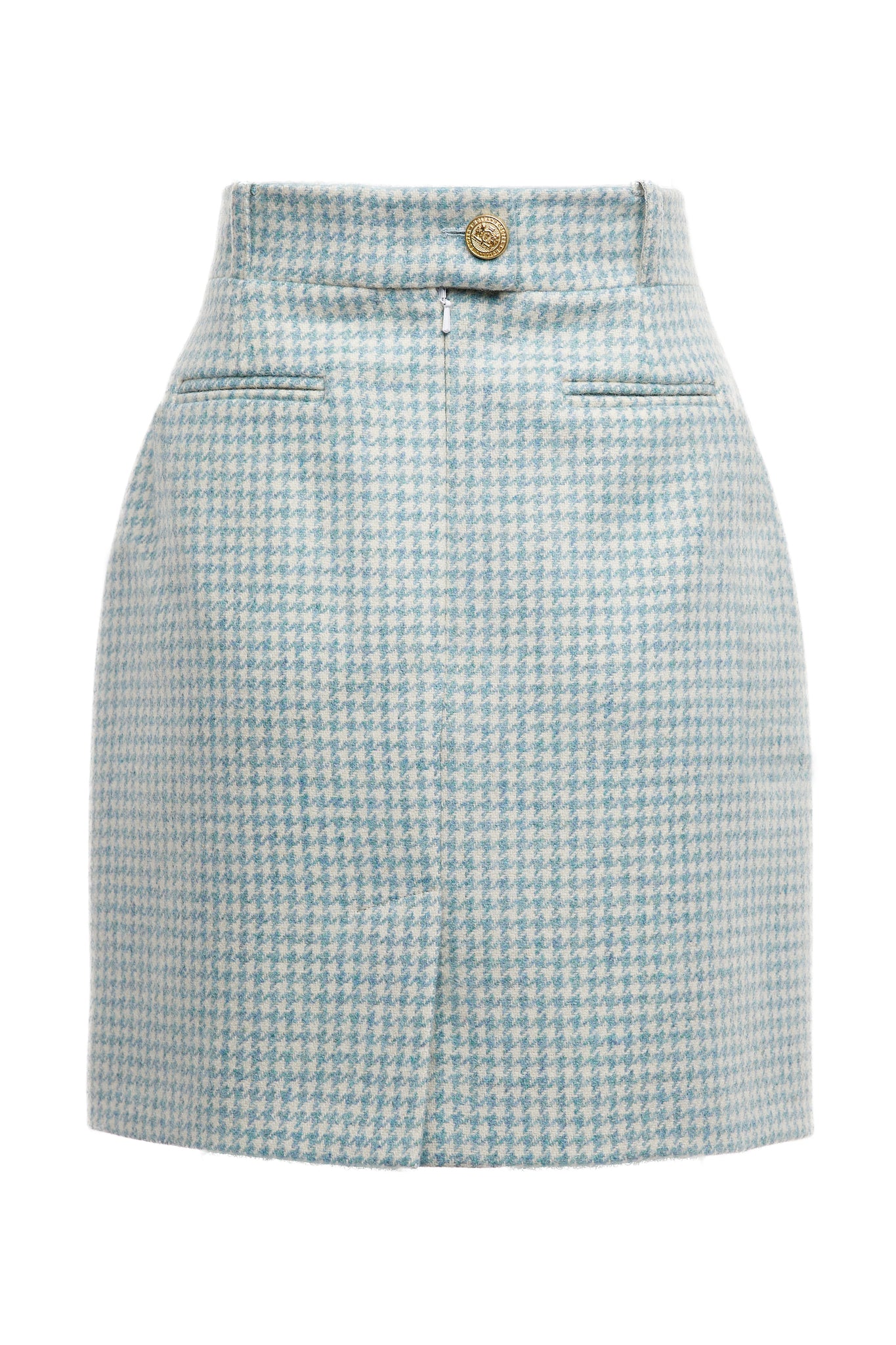 back of womens light blue and white houndstooth wool pencil mini skirt with concealed zip fastening on centre back and gold rivets down front