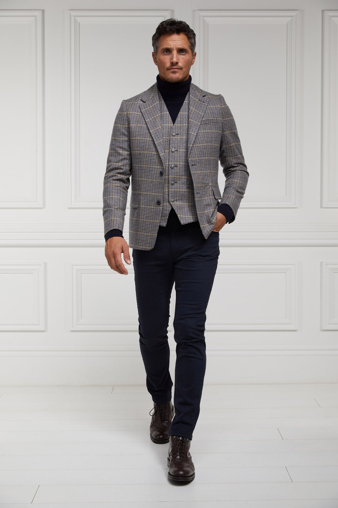 Navy Stand Collar Single Breasted Menn Blazer