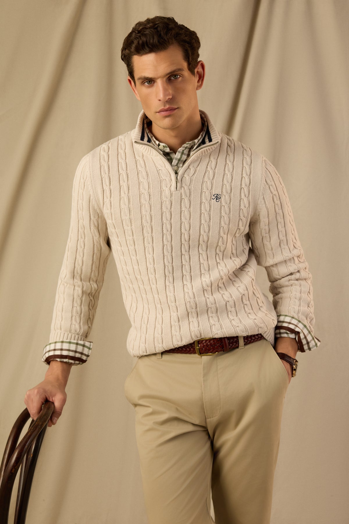 Men's Cable Quarter Zip Knit (Stone)