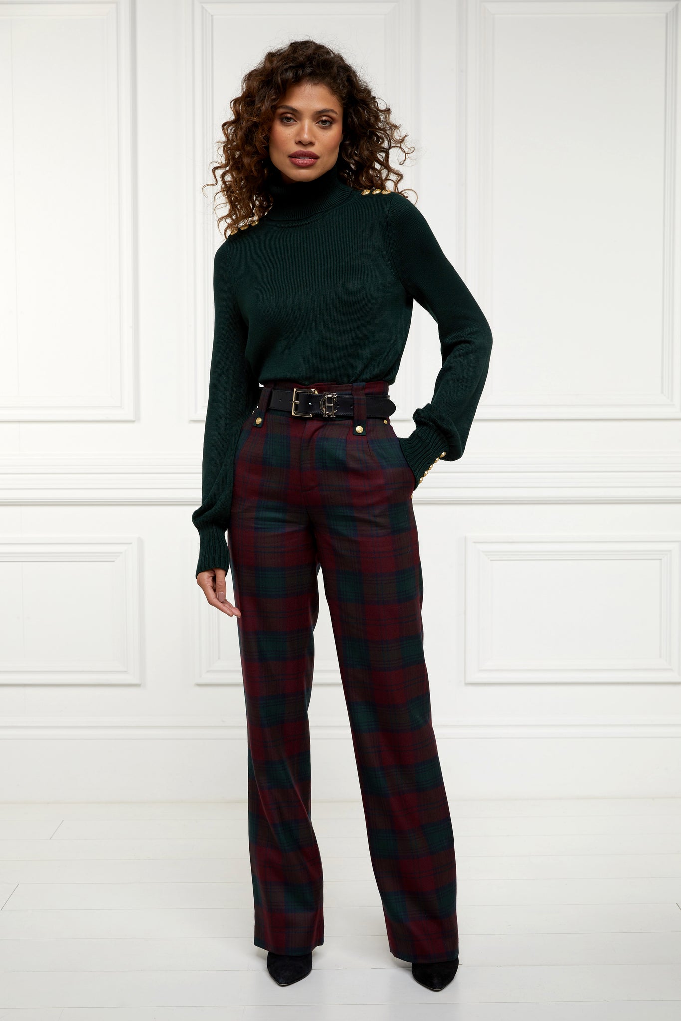 High Waisted Straight Trouser (Mulberry Tartan) - Main Image