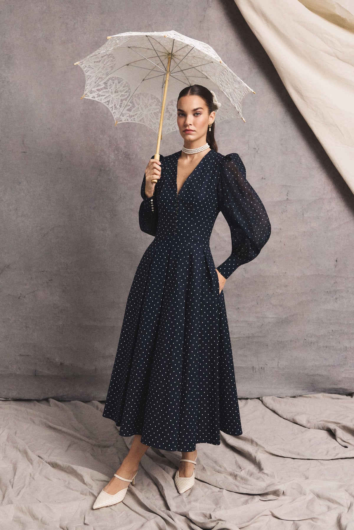 Lucie Dress (Deep Navy Polka Dot)