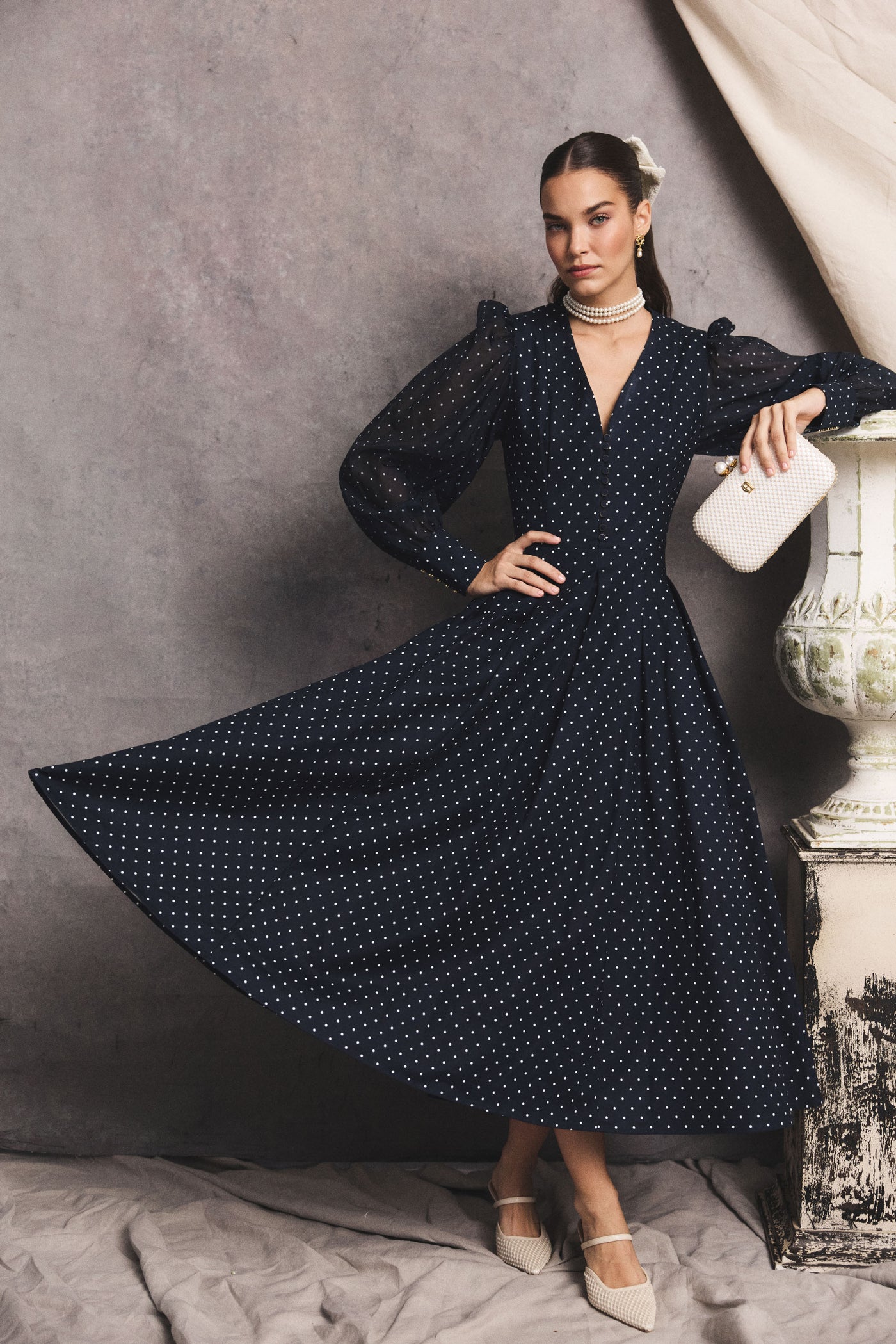 Lucie Dress (Deep Navy Polka Dot)