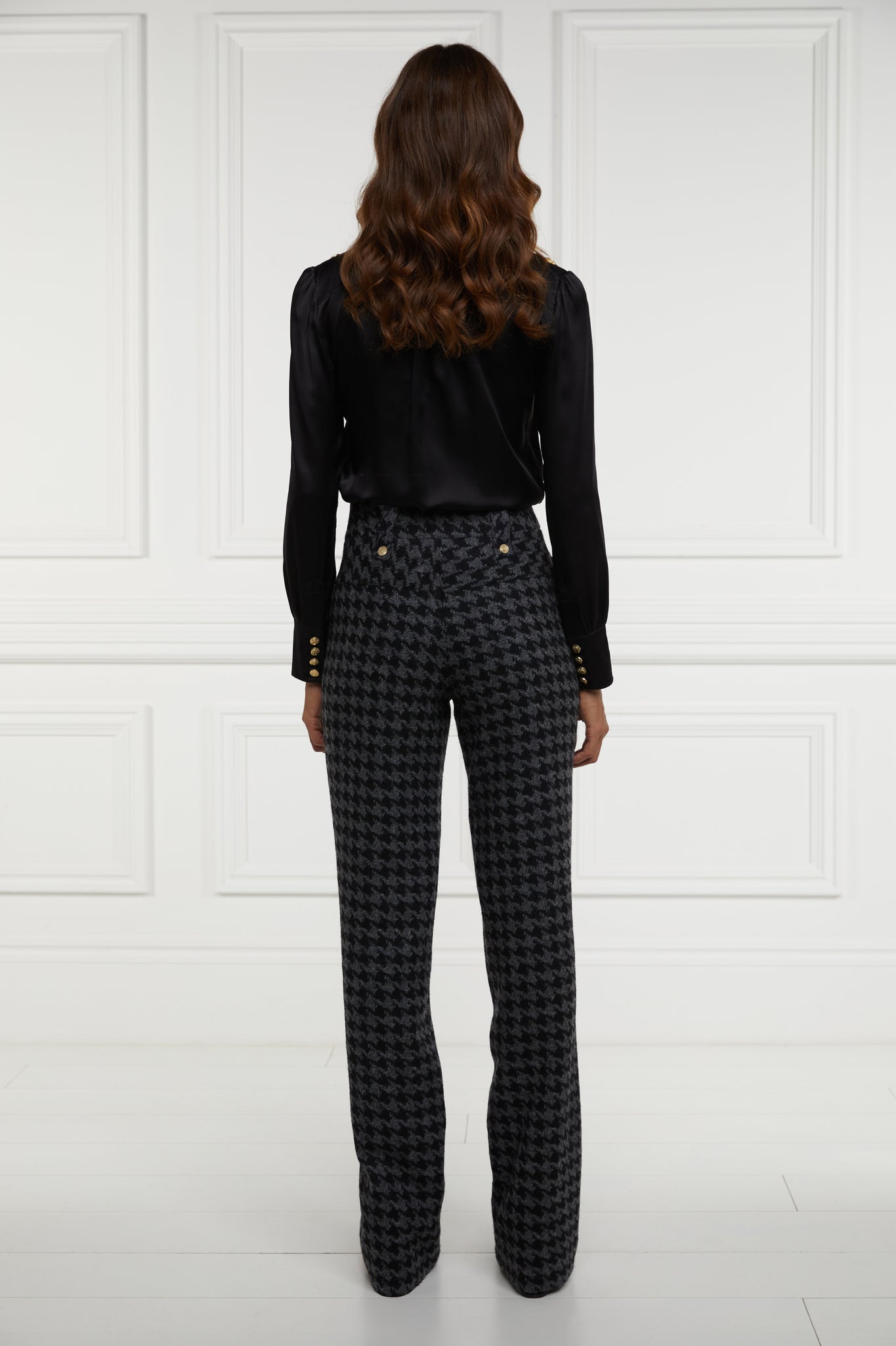High Waisted Straight Trouser (Large Scale Charcoal Houndstooth)