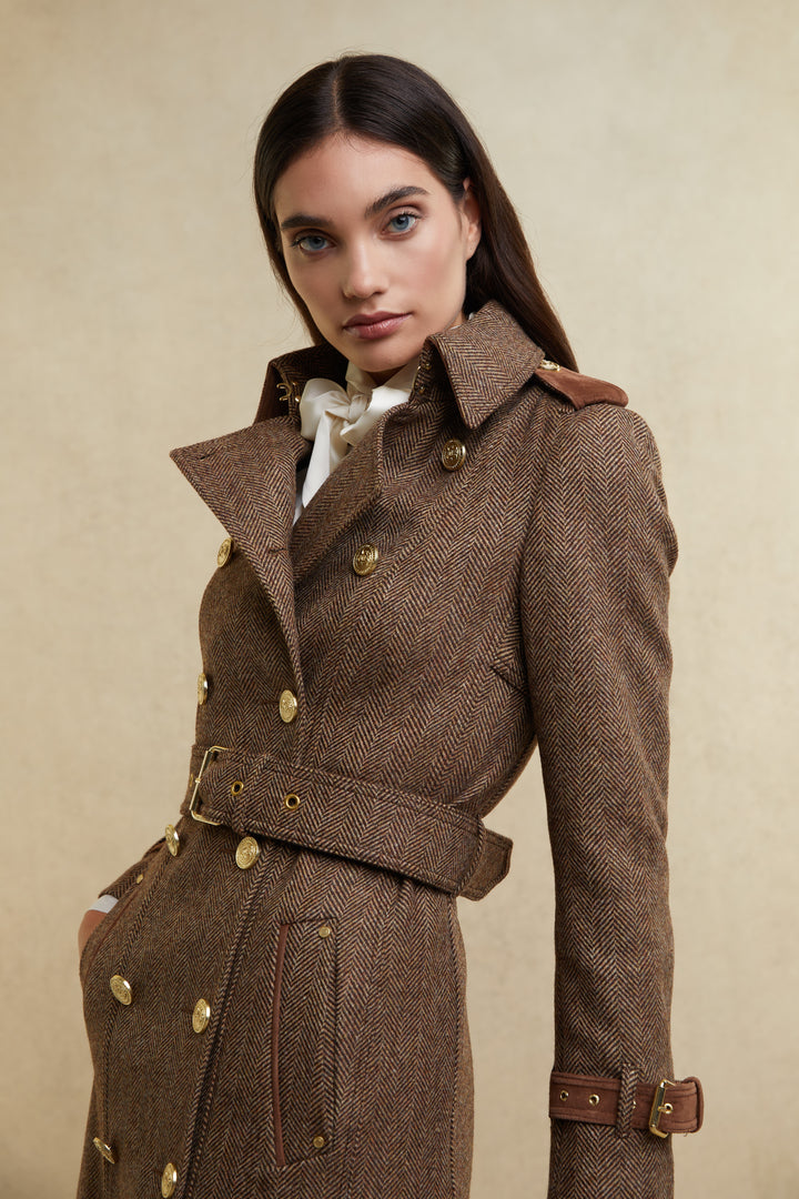 Full Length Marlborough Trench Coat (Large Scale Brown Herringbone ...