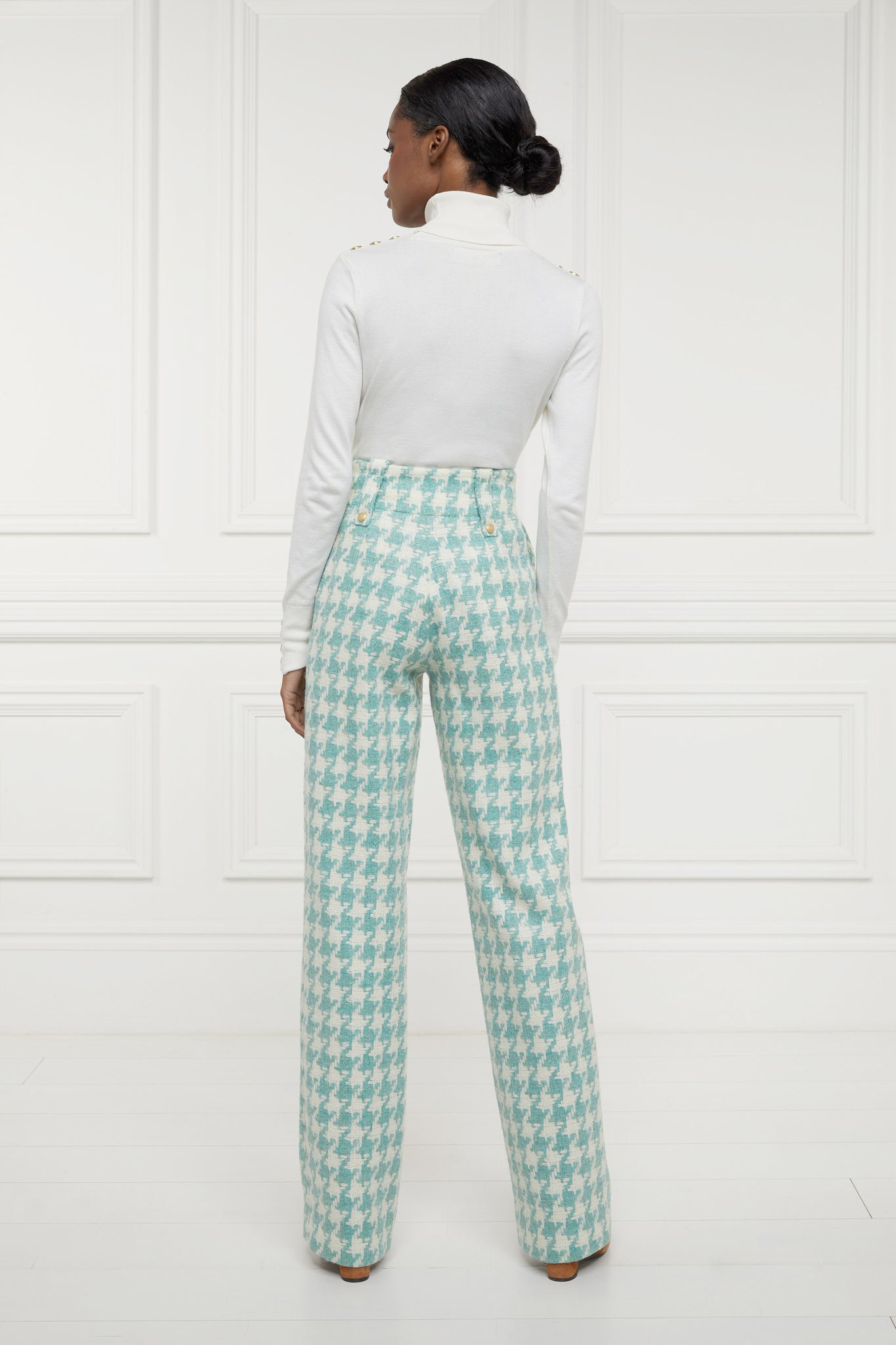 High Waisted Straight Trouser (Large Scale Teal Houndstooth)
