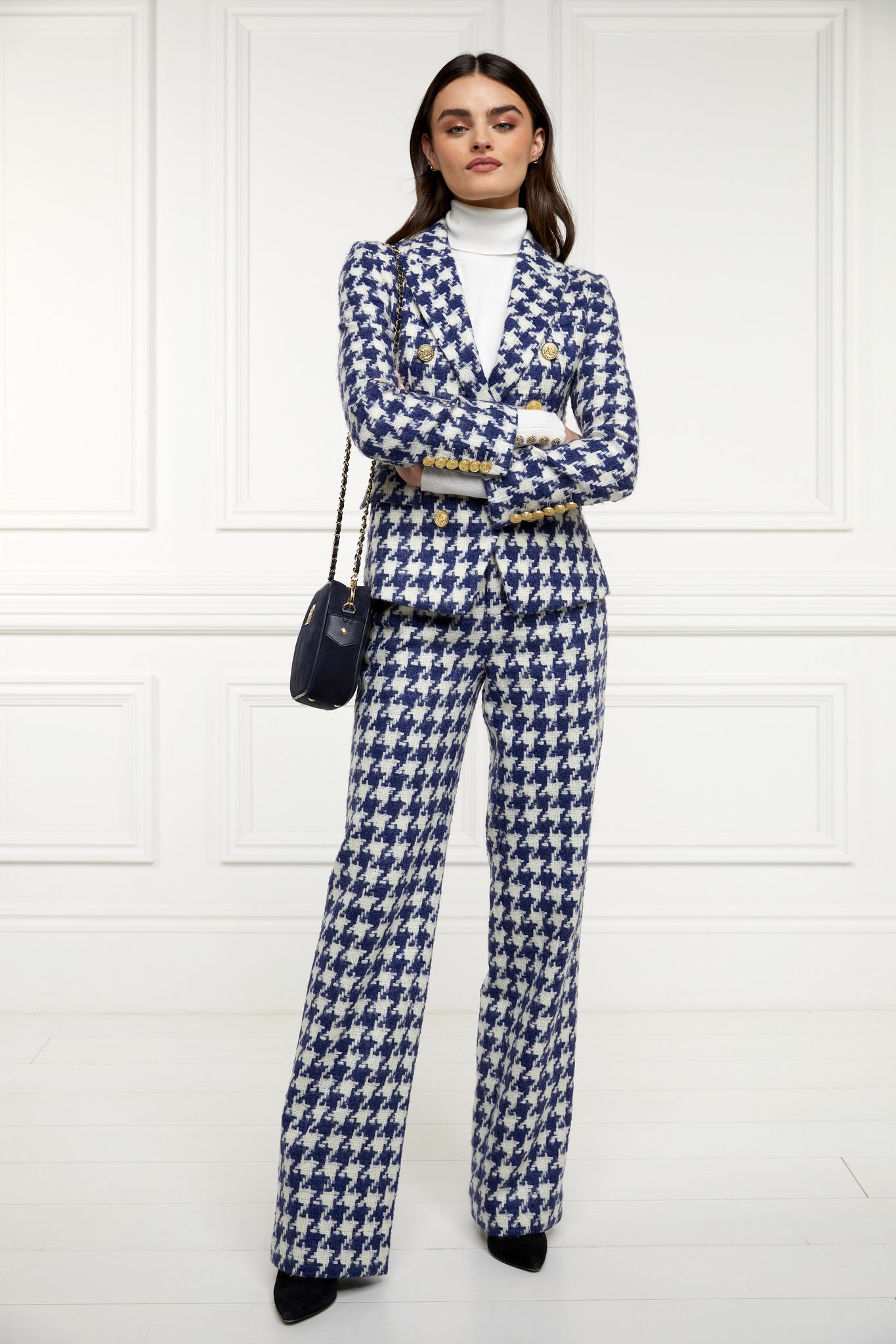 High Waisted Straight Trouser (Large Scale Navy Houndstooth)