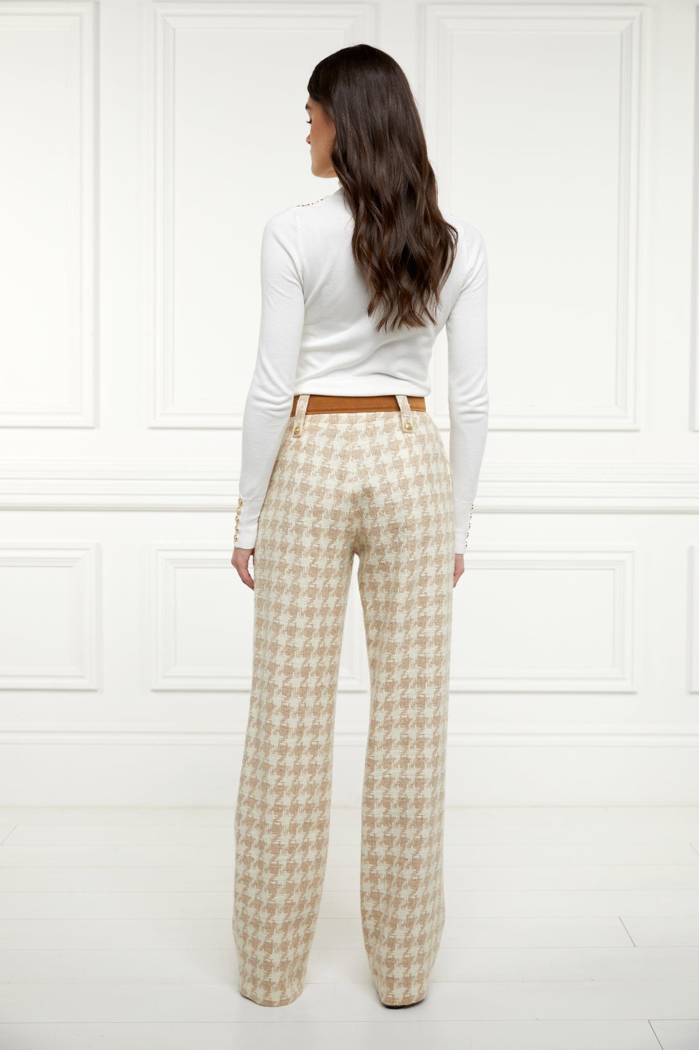 High Waisted Straight Trouser (Camel Houndstooth)