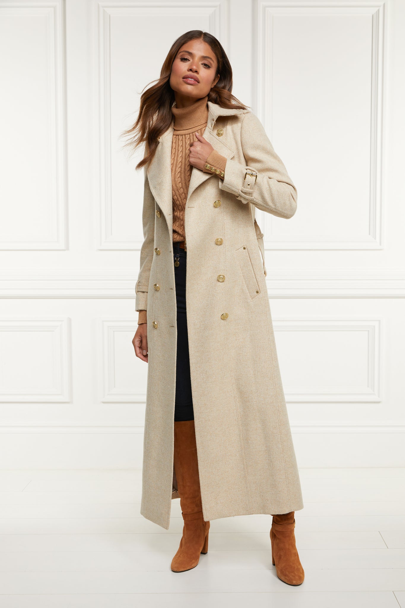 womens camel and cream weave wool double breasted full length trench coat