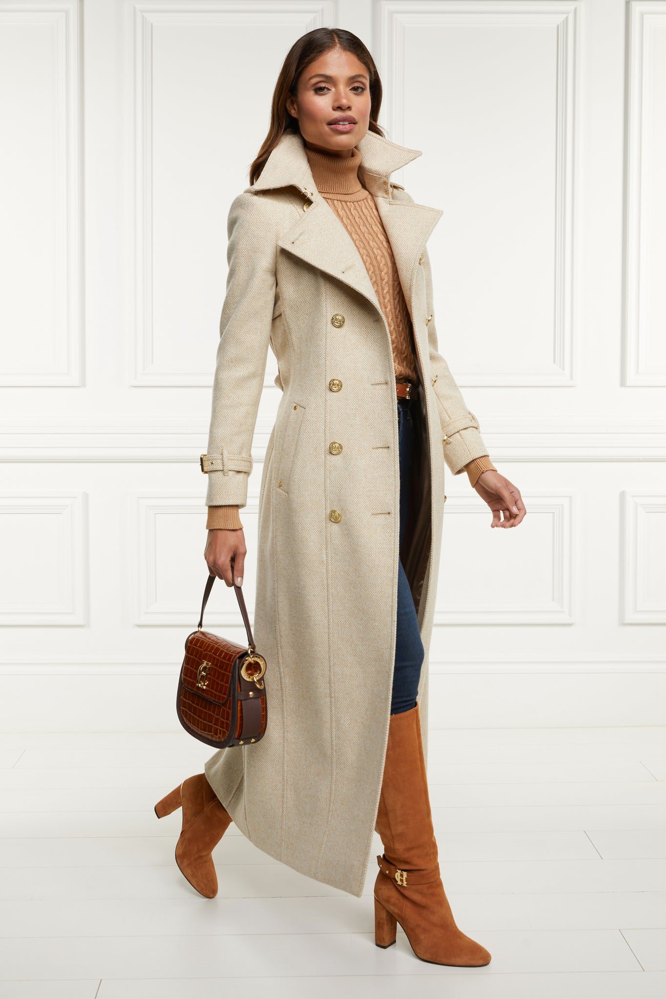 womens camel and cream weave wool double breasted full length trench coat with tan croc embossed leather saddle bag