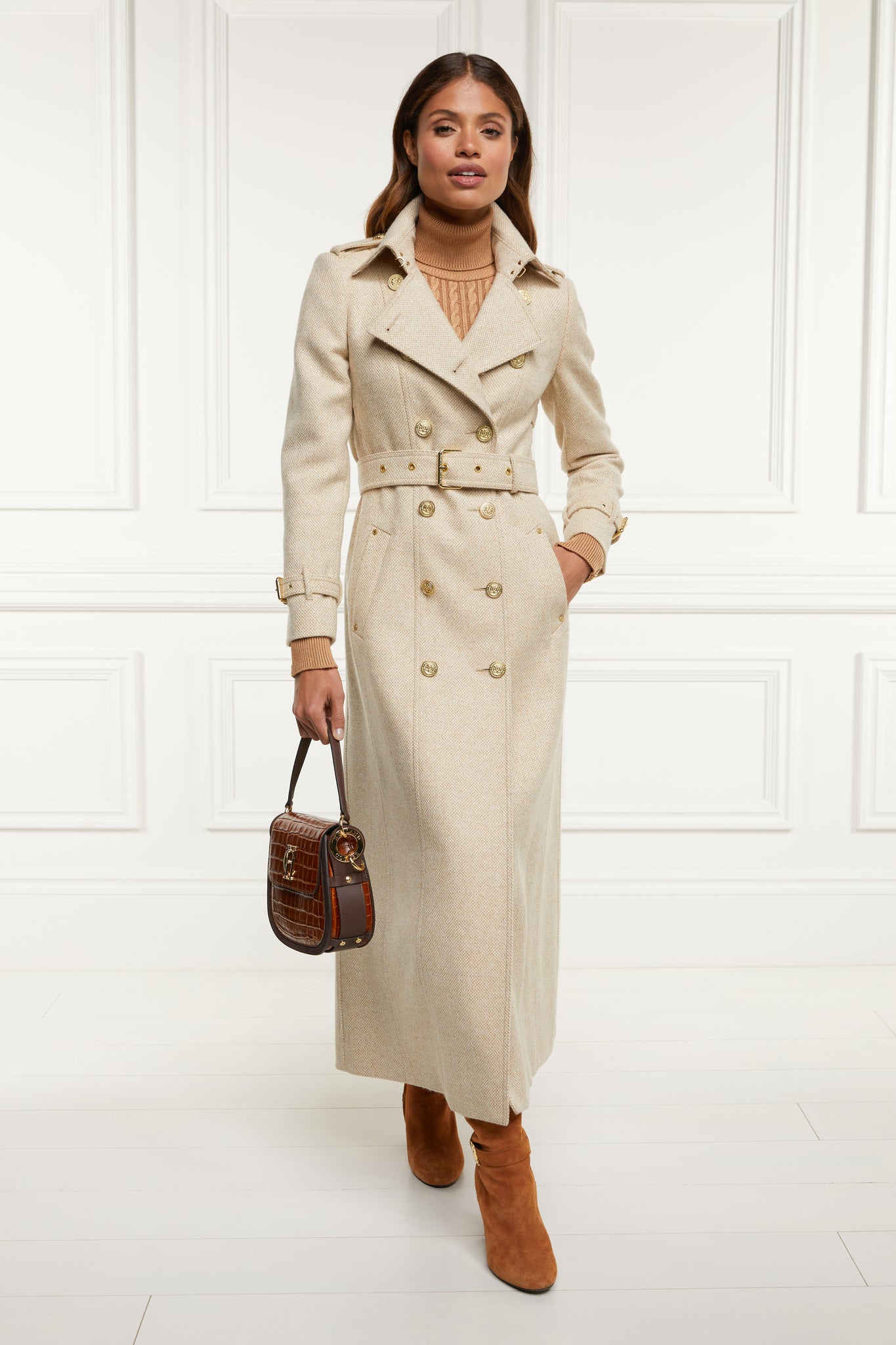 womens camel and cream weave wool double breasted full length trench coat with tan croc embossed leather saddle bag
