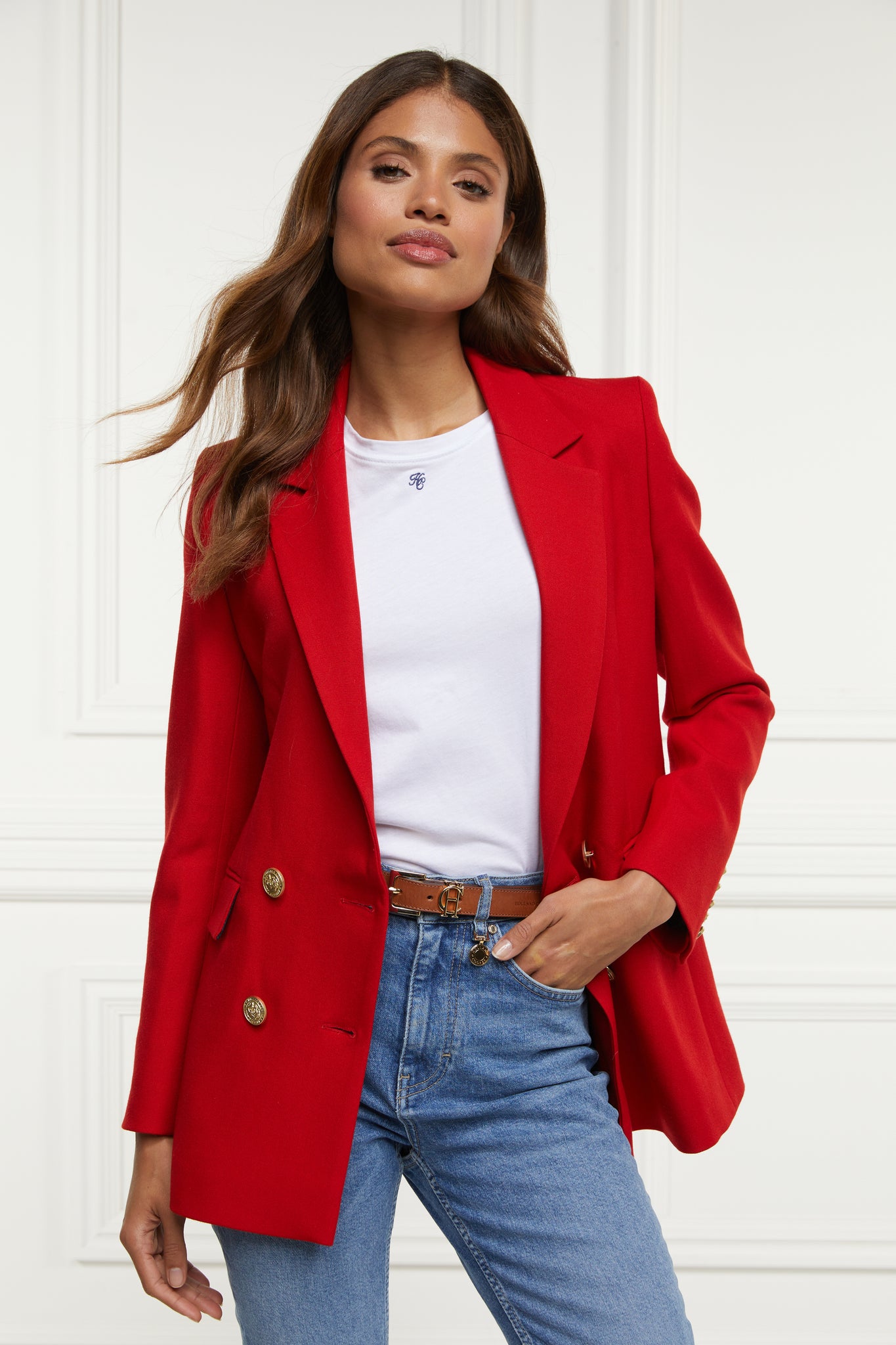 double breasted wool blazer in red barathea with two hip pockets and gold button details down front and on cuffs and handmade in the uk