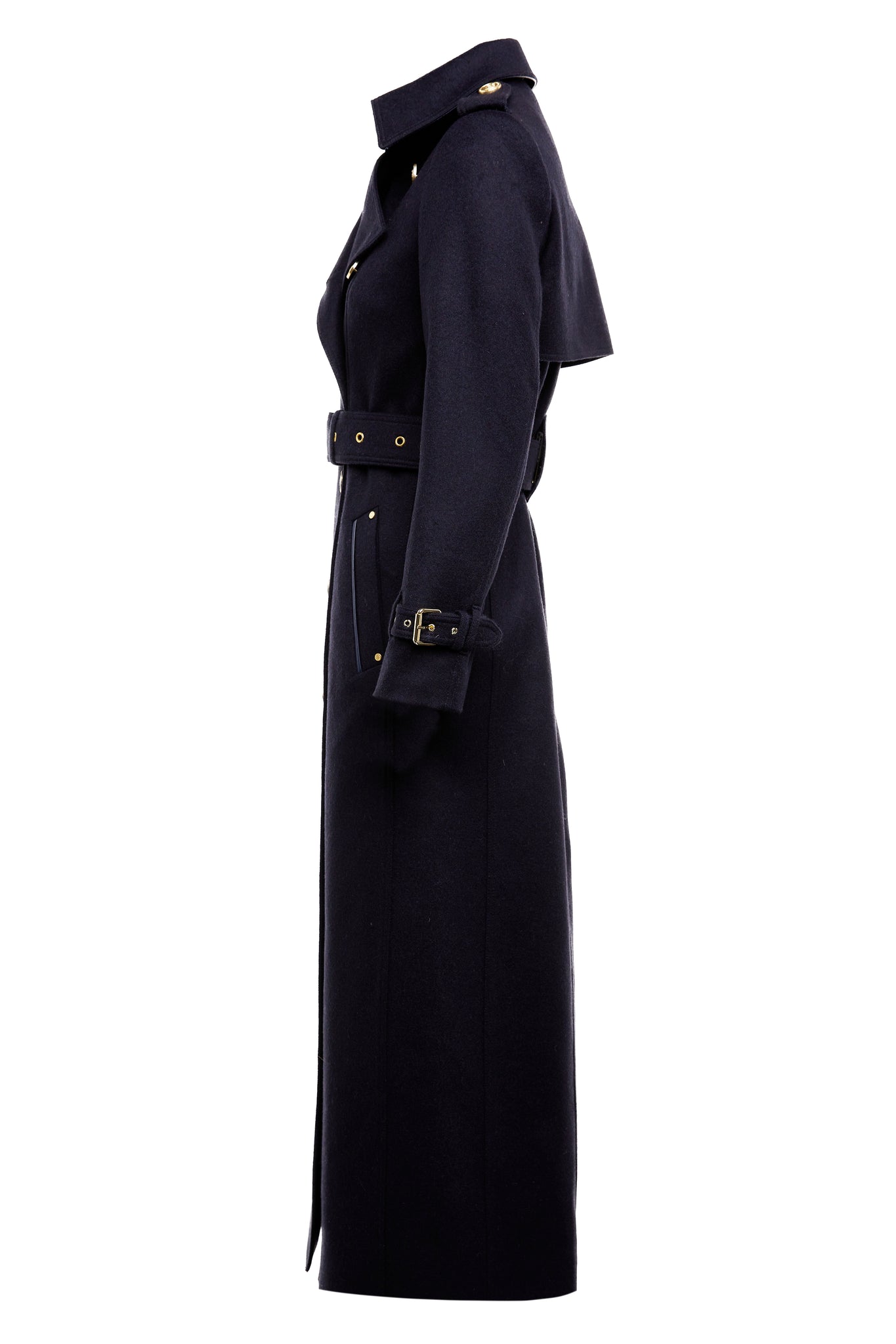 side of womens navy wool double breasted trench coat