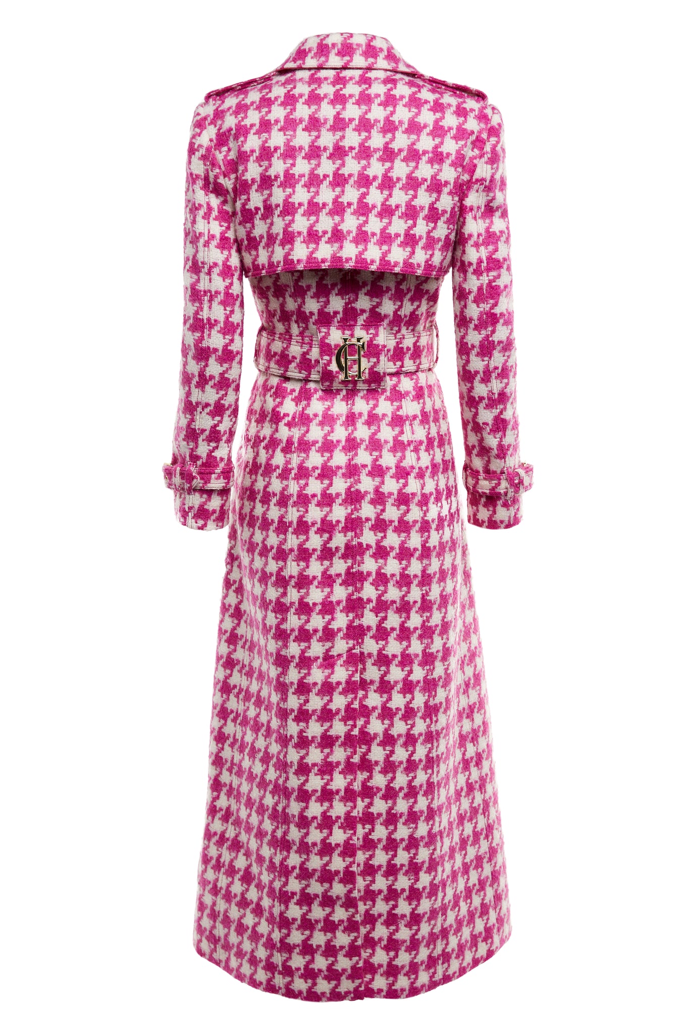 back of womens hot pink and cream houndstooth double breasted full length trench coat