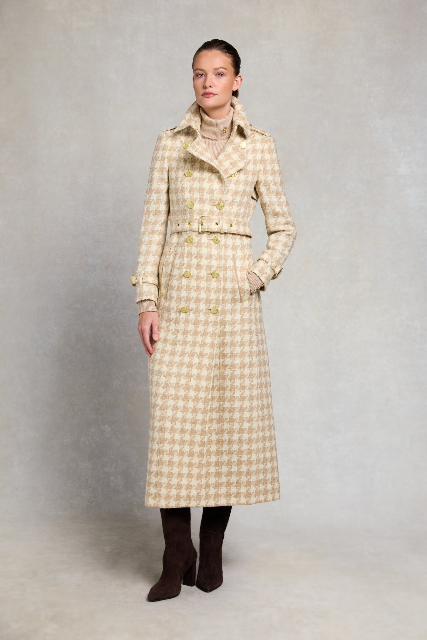 Full Length Marlborough Trench Coat (Camel Houndstooth)