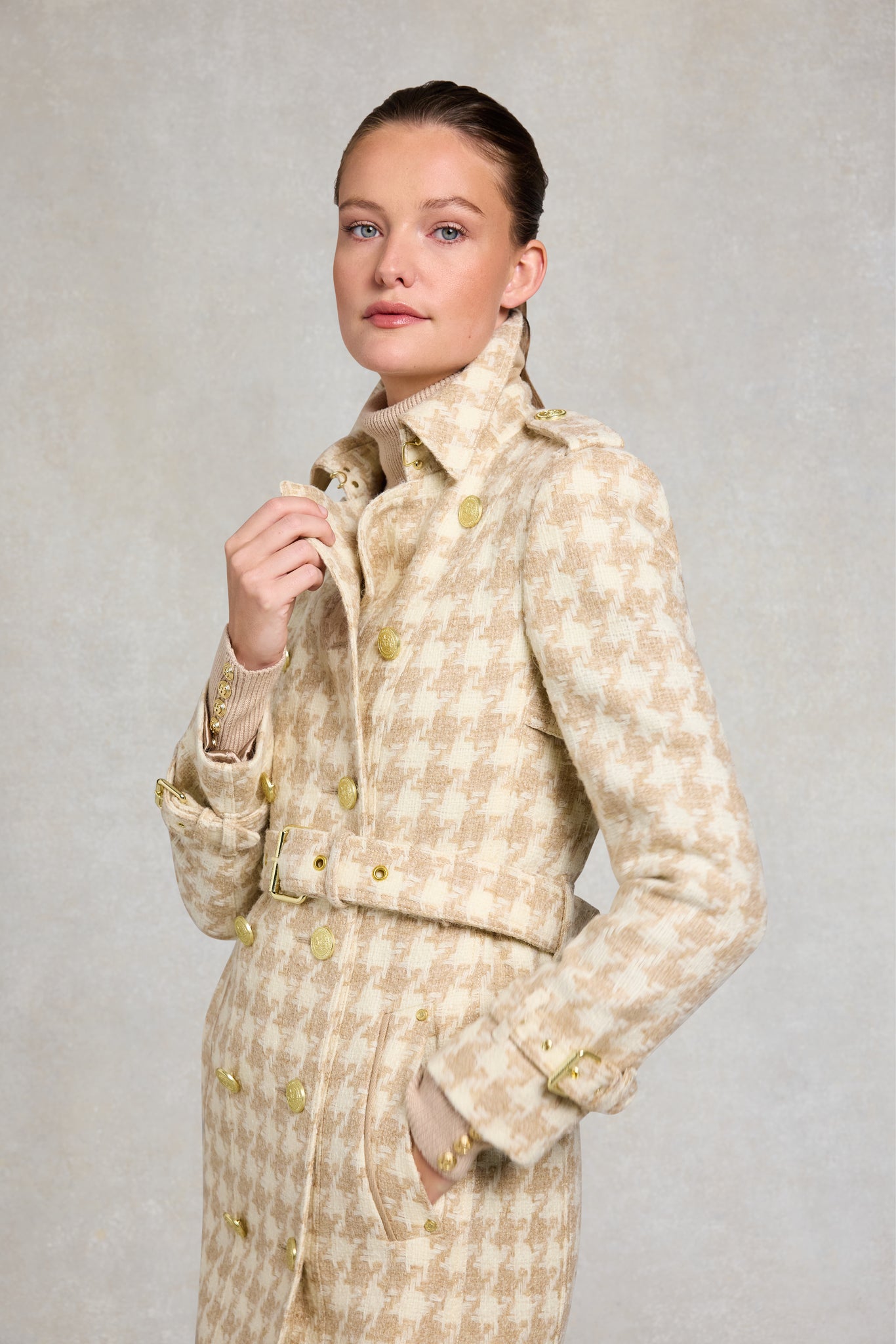 Full Length Marlborough Trench Coat (Camel Houndstooth)