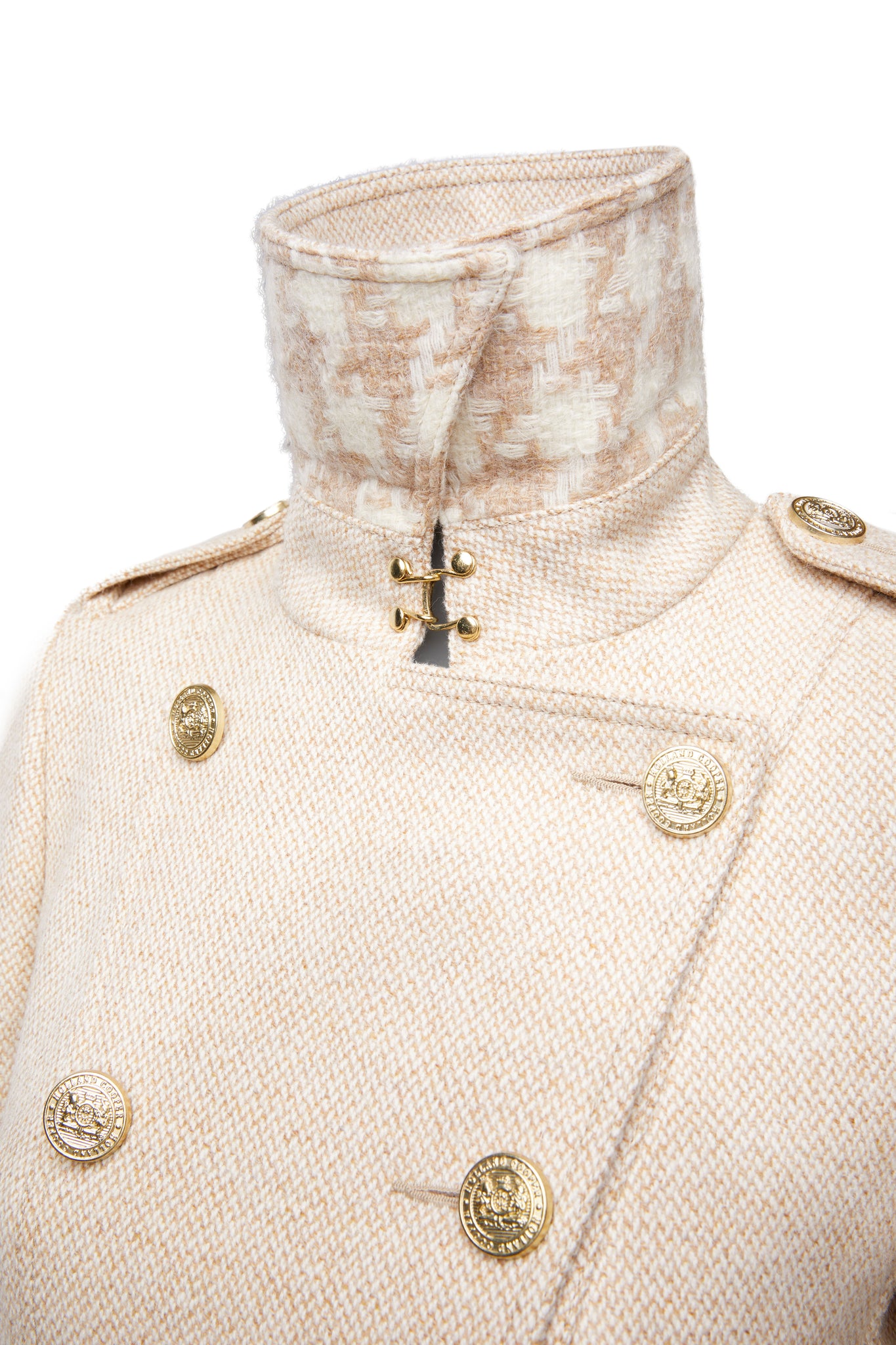 camel houndstooth under collar detail on womens camel and cream weave wool double breasted full length trench coat