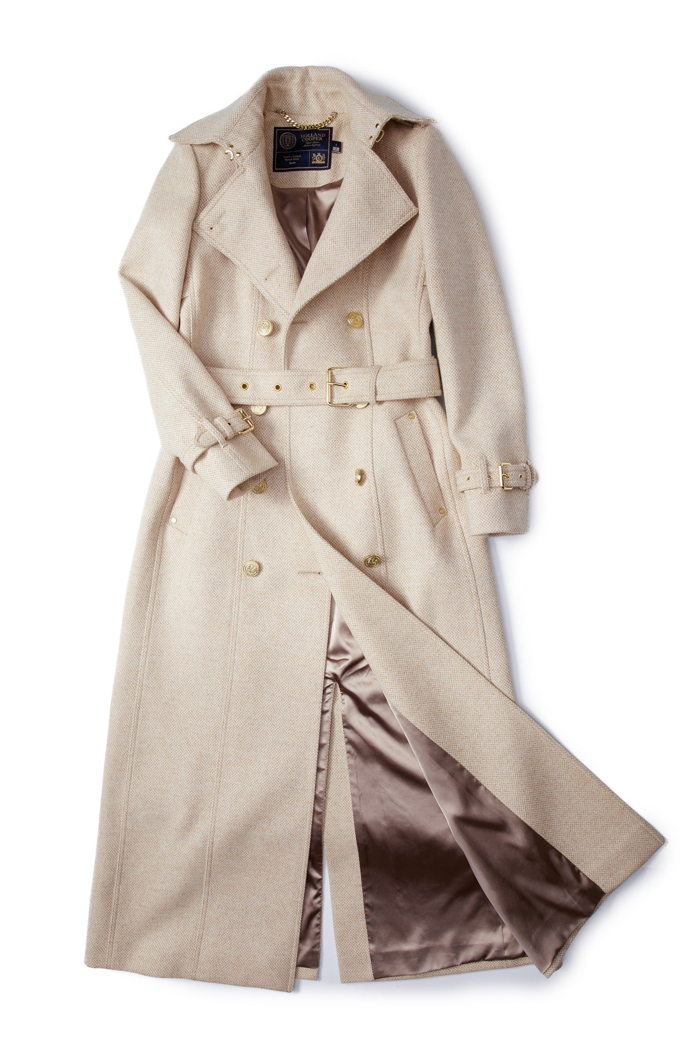 front of womens camel and cream weave wool double breasted full length trench coat showing dark taupe silk lining