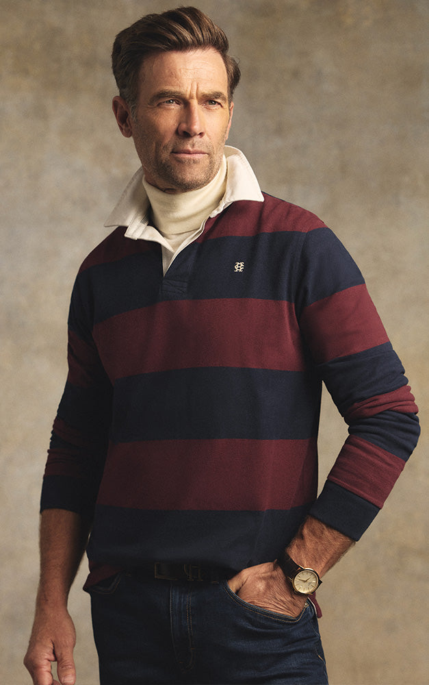 Men's Long Sleeve Rugby Shirt (Burgundy Stripe)
